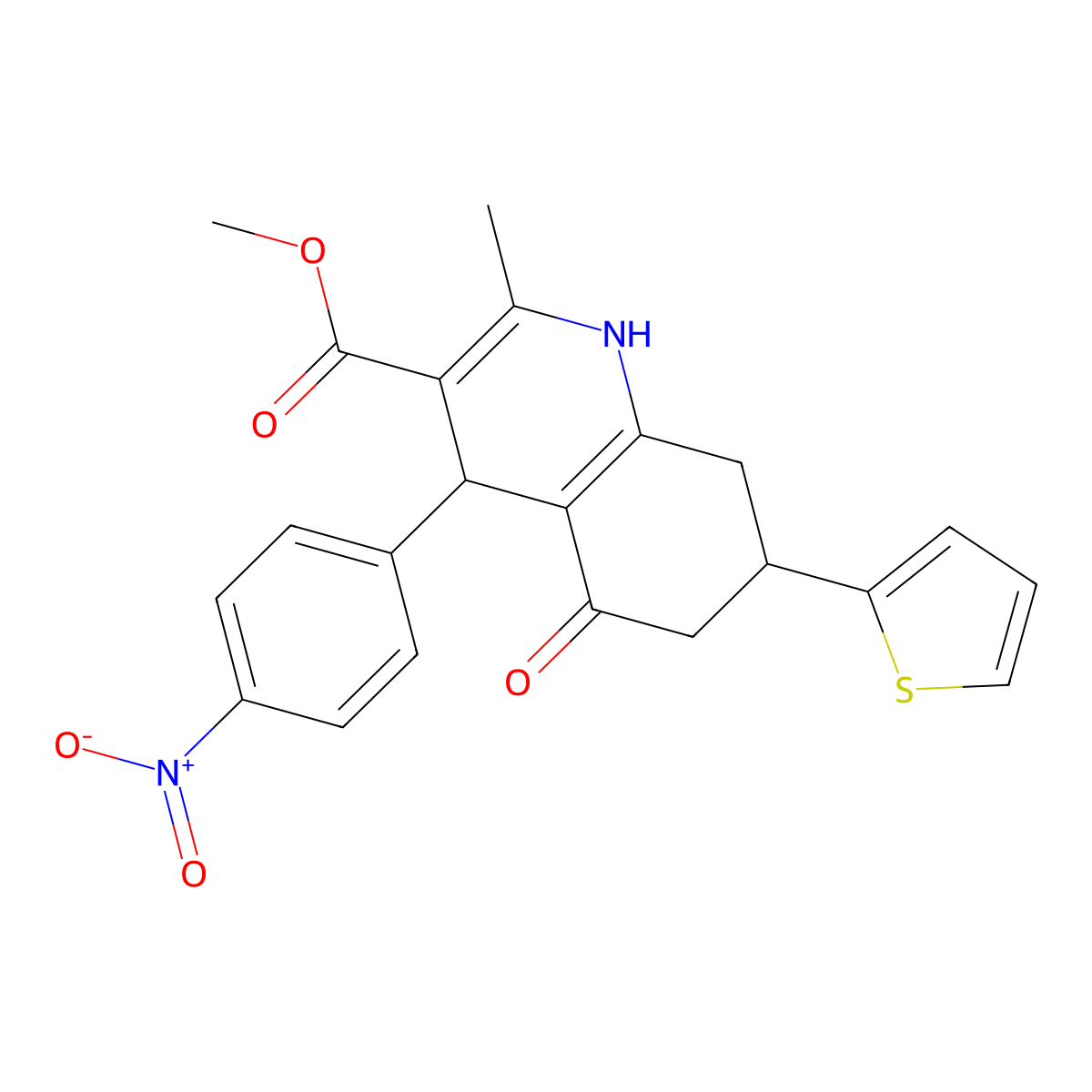 Methyl 2-methyl-4-(4-nitrophenyl)-5-oxo-7-(thiophen-2-yl)-1,4,5,6,7,8-hexahydroquinoline-3-carboxylate molecular structure, CAS 347319-65-7