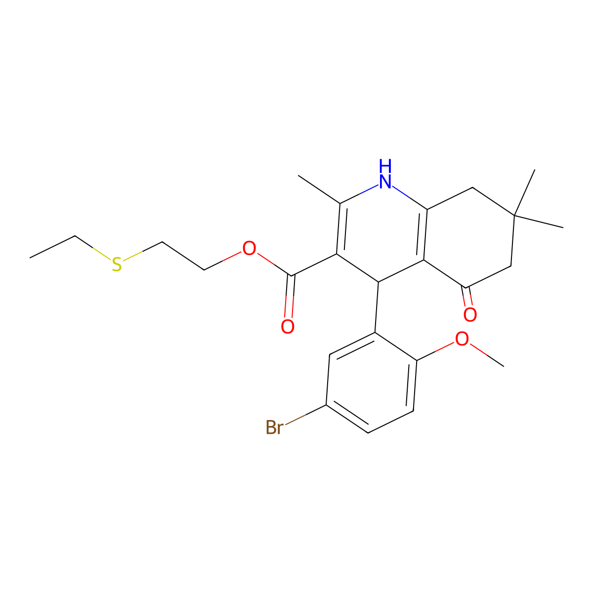 2-(Ethylsulfanyl)ethyl 4-(5-bromo-2-methoxyphenyl)-2,7,7-trimethyl-5-oxo-1,4,5,6,7,8-hexahydroquinoline-3-carboxylate molecular structure, CAS 347320-02-9