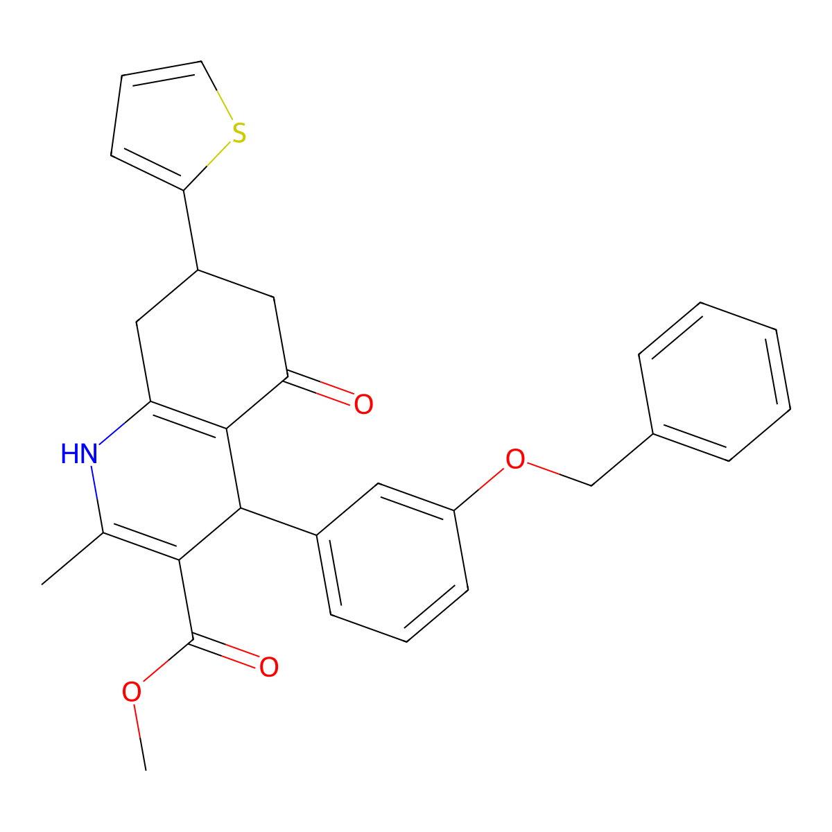 Methyl 4-[3-(benzyloxy)phenyl]-2-methyl-5-oxo-7-(thiophen-2-yl)-1,4,5,6,7,8-hexahydroquinoline-3-carboxylate molecular structure, CAS 347320-22-3