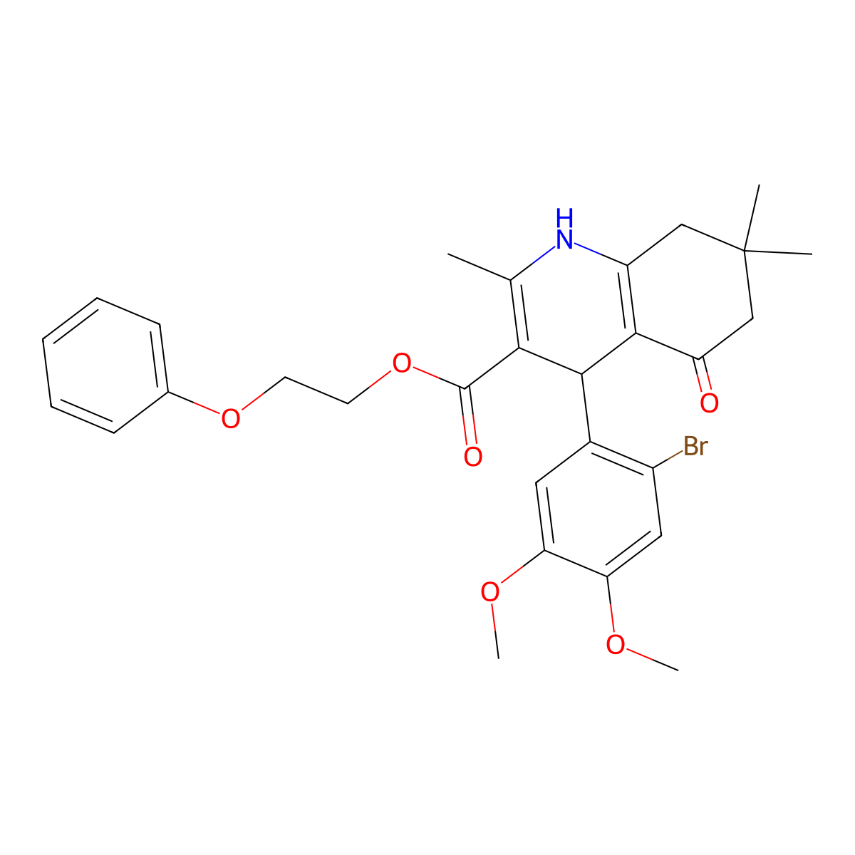 2-Phenoxyethyl 4-(2-bromo-4,5-dimethoxyphenyl)-2,7,7-trimethyl-5-oxo-1,4,5,6,7,8-hexahydroquinoline-3-carboxylate molecular structure, CAS 347320-31-4