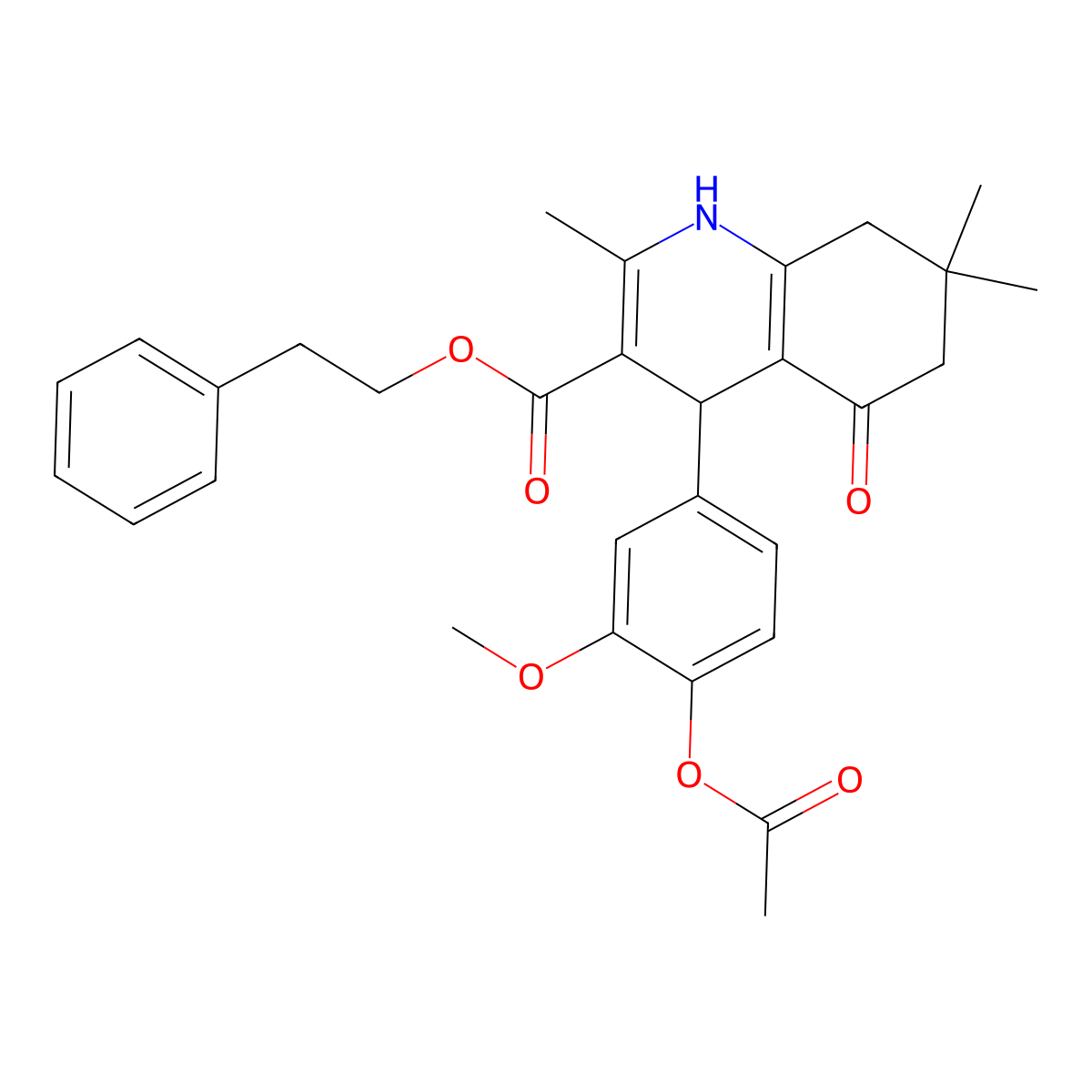 2-Phenylethyl 4-(4-(acetyloxy)-3-methoxyphenyl)-1,4,5,6,7,8-hexahydro-2,7,7-trimethyl-5-oxo-3-quinolinecarboxylate molecular structure, CAS 347320-57-4