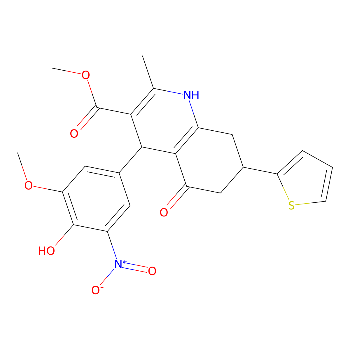 Methyl 4-(4-hydroxy-3-methoxy-5-nitrophenyl)-2-methyl-5-oxo-7-(thiophen-2-yl)-1,4,5,6,7,8-hexahydroquinoline-3-carboxylate molecular structure, CAS 347324-18-9
