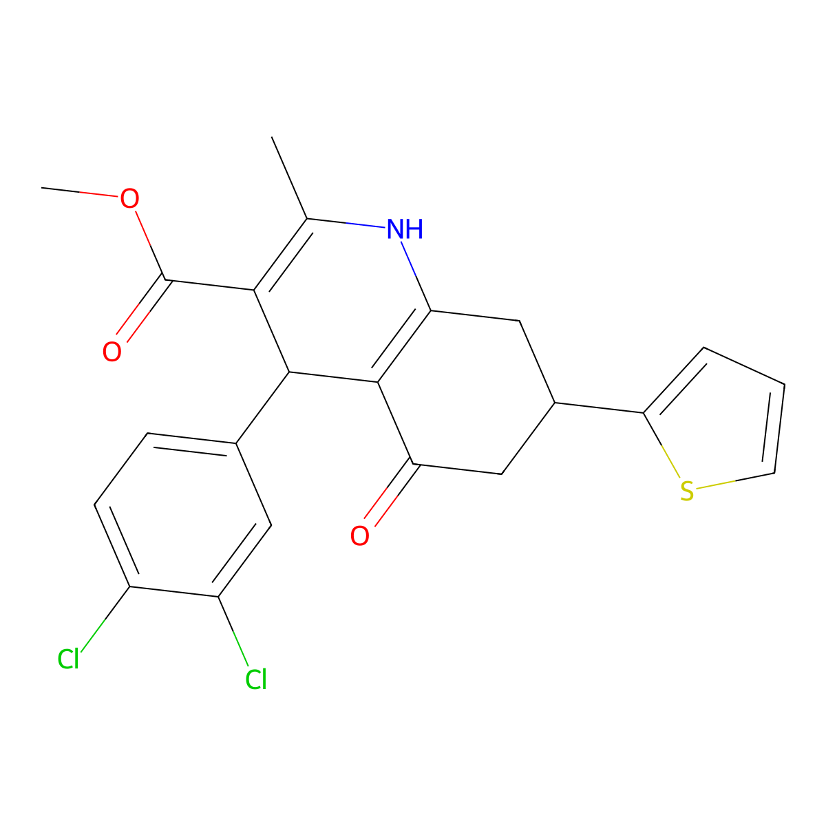 Methyl 4-(3,4-dichlorophenyl)-2-methyl-5-oxo-7-(thiophen-2-yl)-1,4,5,6,7,8-hexahydroquinoline-3-carboxylate molecular structure, CAS 347324-29-2