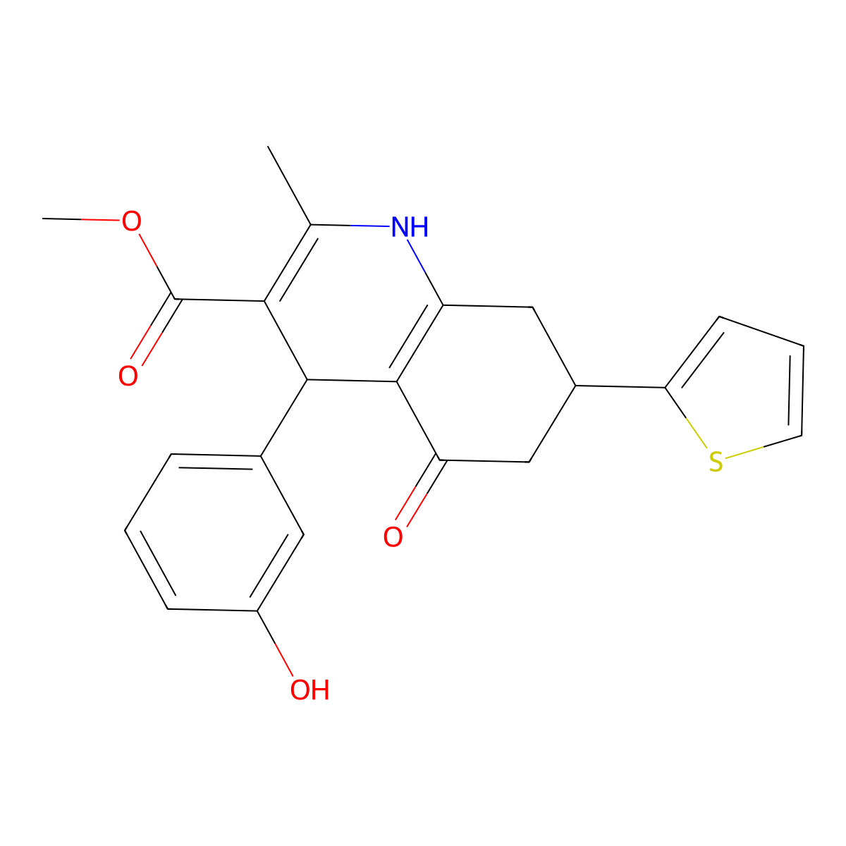 Methyl 4-(3-hydroxyphenyl)-2-methyl-5-oxo-7-(thiophen-2-yl)-1,4,5,6,7,8-hexahydroquinoline-3-carboxylate molecular structure, CAS 347325-14-8