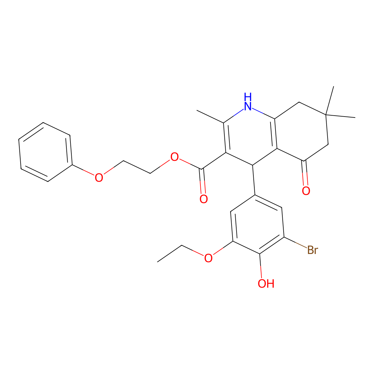 2-Phenoxyethyl 4-(3-bromo-5-ethoxy-4-hydroxyphenyl)-2,7,7-trimethyl-5-oxo-1,4,5,6,7,8-hexahydroquinoline-3-carboxylate molecular structure, CAS 347325-48-8
