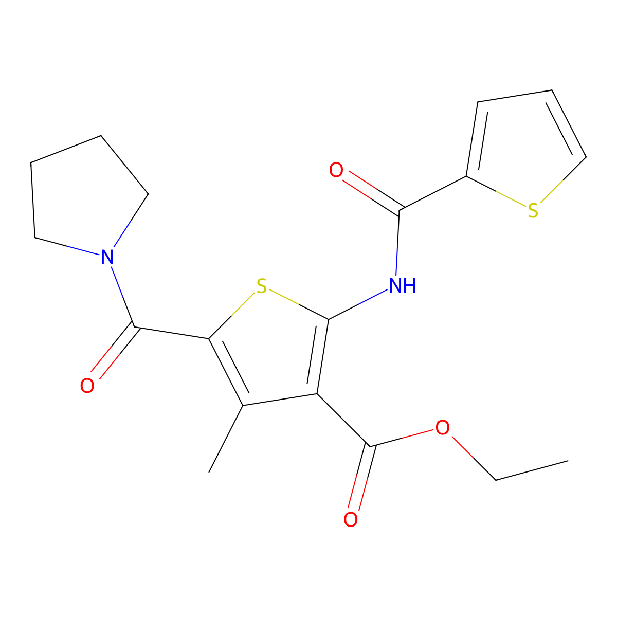 Ethyl 4-methyl-5-(pyrrolidine-1-carbonyl)-2-(thiophene-2-carbonylamino)thiophene-3-carboxylate molecular structure, CAS 347325-94-4