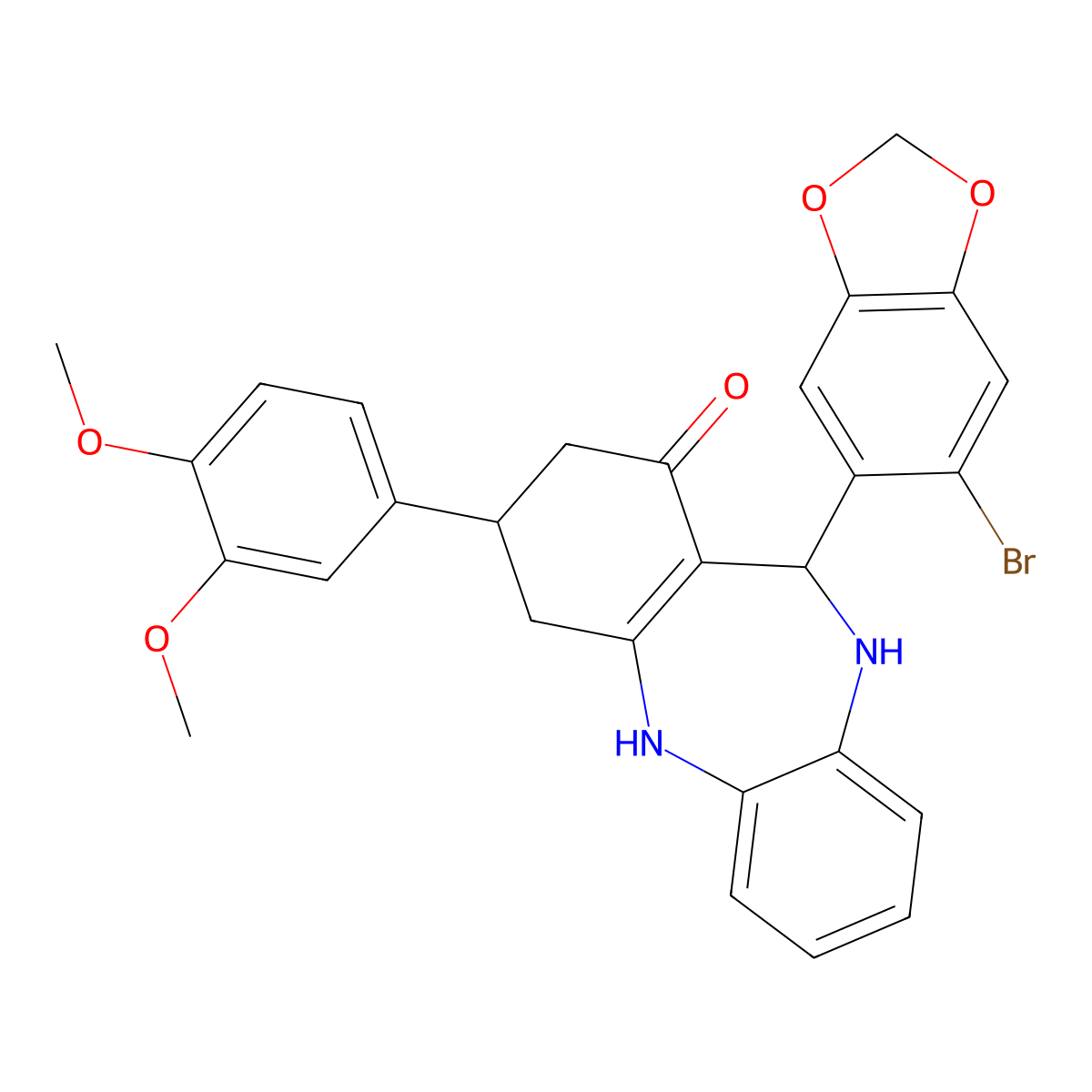 6-(6-Bromo-1,3-benzodioxol-5-yl)-9-(3,4-dimethoxyphenyl)-5,6,8,9,10,11-hexahydrobenzo[b][1,4]benzodiazepin-7-one molecular structure, CAS 347326-24-3