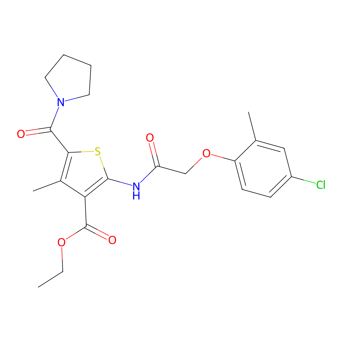 Ethyl 2-{[(4-chloro-2-methylphenoxy)acetyl]amino}-4-methyl-5-(pyrrolidin-1-ylcarbonyl)thiophene-3-carboxylate molecular structure, CAS 347327-72-4