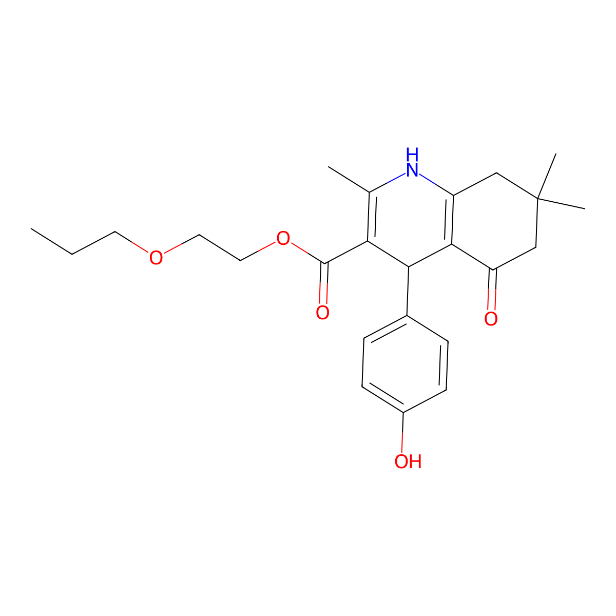 2-Propoxyethyl 4-(4-hydroxyphenyl)-2,7,7-trimethyl-5-oxo-1,4,5,6,7,8-hexahydroquinoline-3-carboxylate molecular structure, CAS 347328-10-3