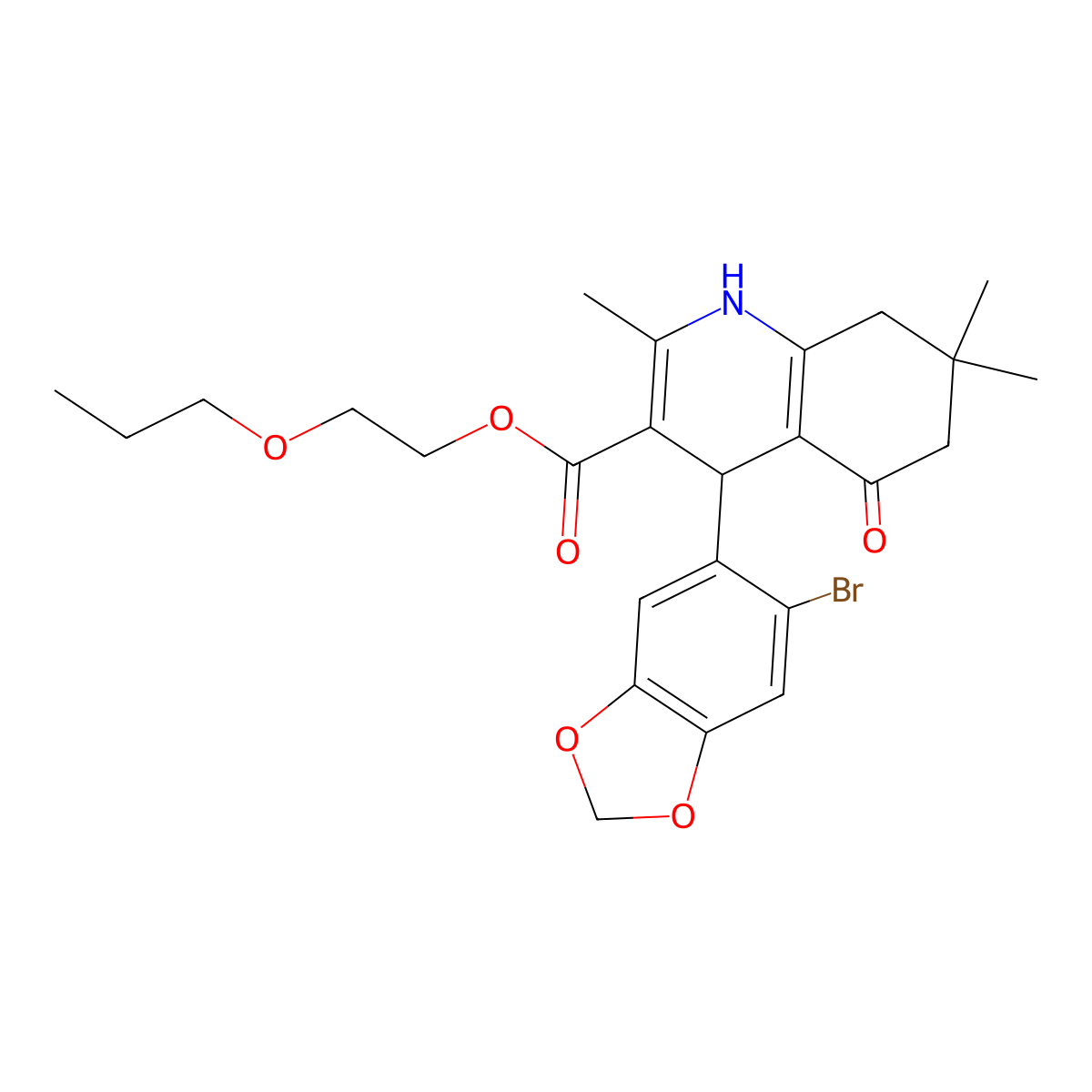 2-Propoxyethyl 4-(6-bromo-1,3-benzodioxol-5-yl)-2,7,7-trimethyl-5-oxo-1,4,5,6,7,8-hexahydroquinoline-3-carboxylate molecular structure, CAS 347328-77-2