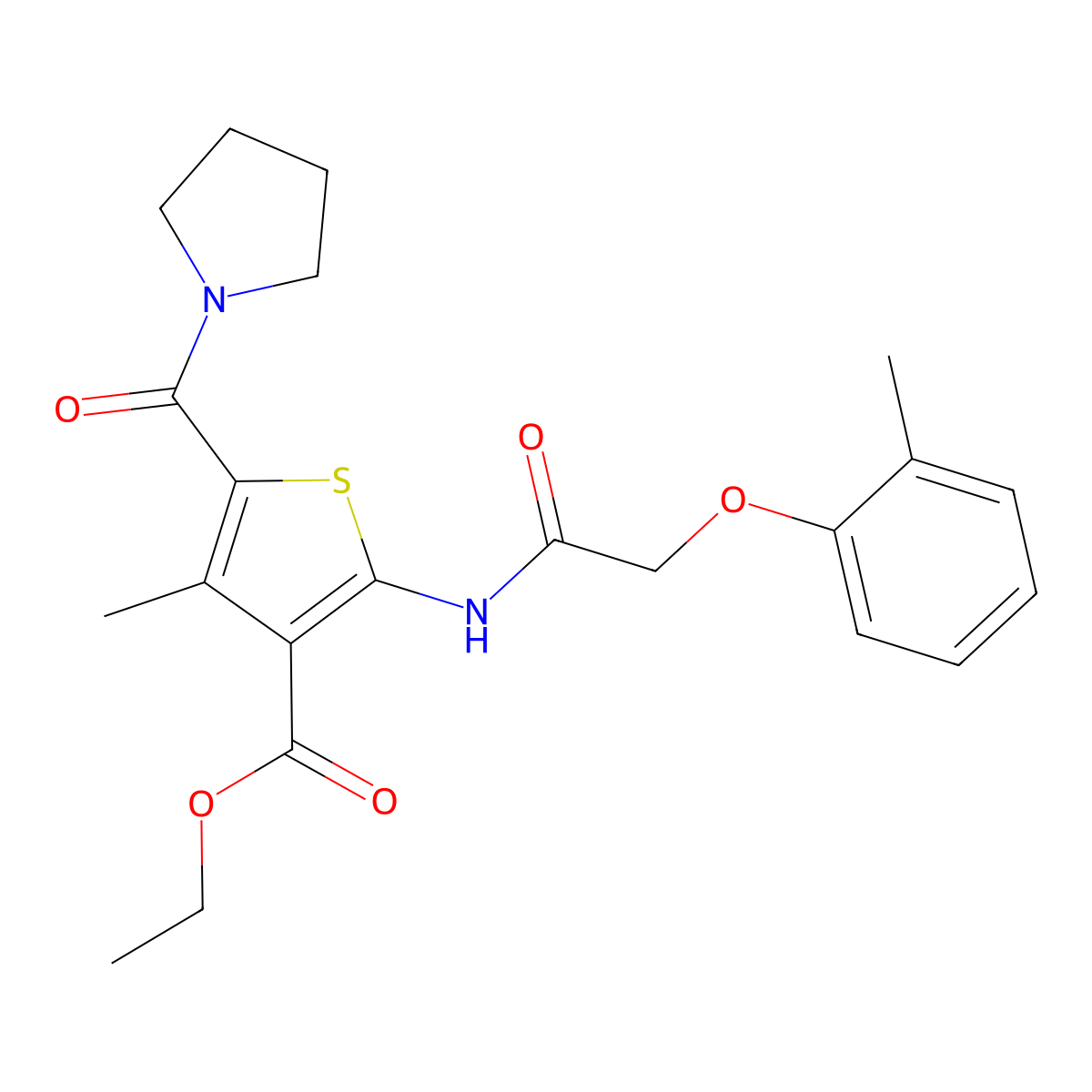 Ethyl 4-methyl-2-{[(2-methylphenoxy)acetyl]amino}-5-(pyrrolidin-1-ylcarbonyl)thiophene-3-carboxylate molecular structure, CAS 347329-63-9