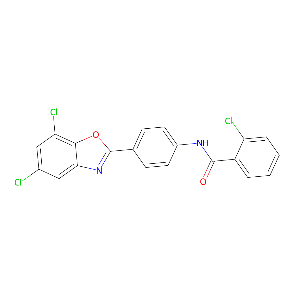 2-chloro-N-[4-(5,7-dichloro-1,3-benzoxazol-2-yl)phenyl]benzamide molecular structure, CAS 347331-07-1