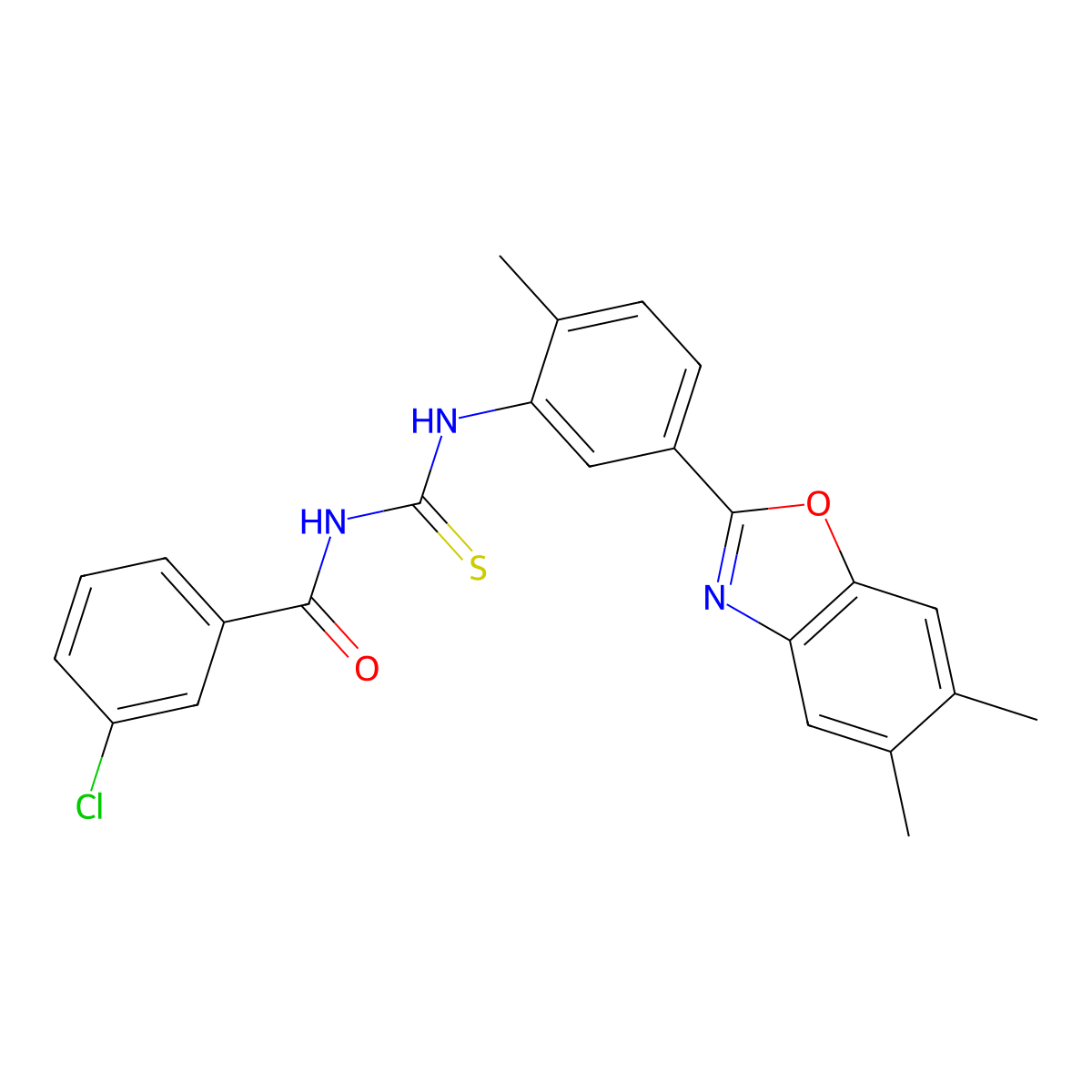 3-chloro-N-[[5-(5,6-dimethyl-1,3-benzoxazol-2-yl)-2-methylphenyl]carbamothioyl]benzamide molecular structure, CAS 347332-07-4