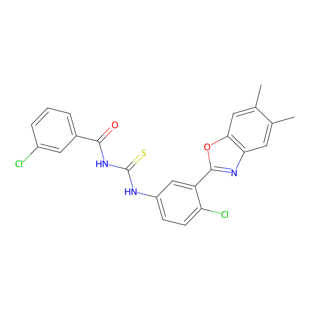 3-chloro-N-[[4-chloro-3-(5,6-dimethyl-1,3-benzoxazol-2-yl)phenyl]carbamothioyl]benzamide molecular structure, CAS 347333-07-7