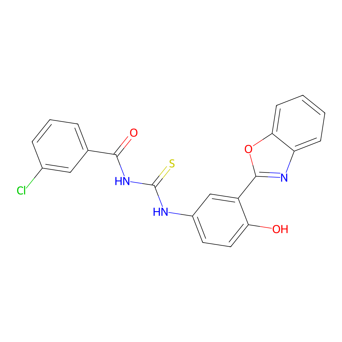 N-((3-(benzo[d]oxazol-2-yl)-4-hydroxyphenyl)carbamothioyl)-3-chlorobenzamide molecular structure, CAS 347333-28-2