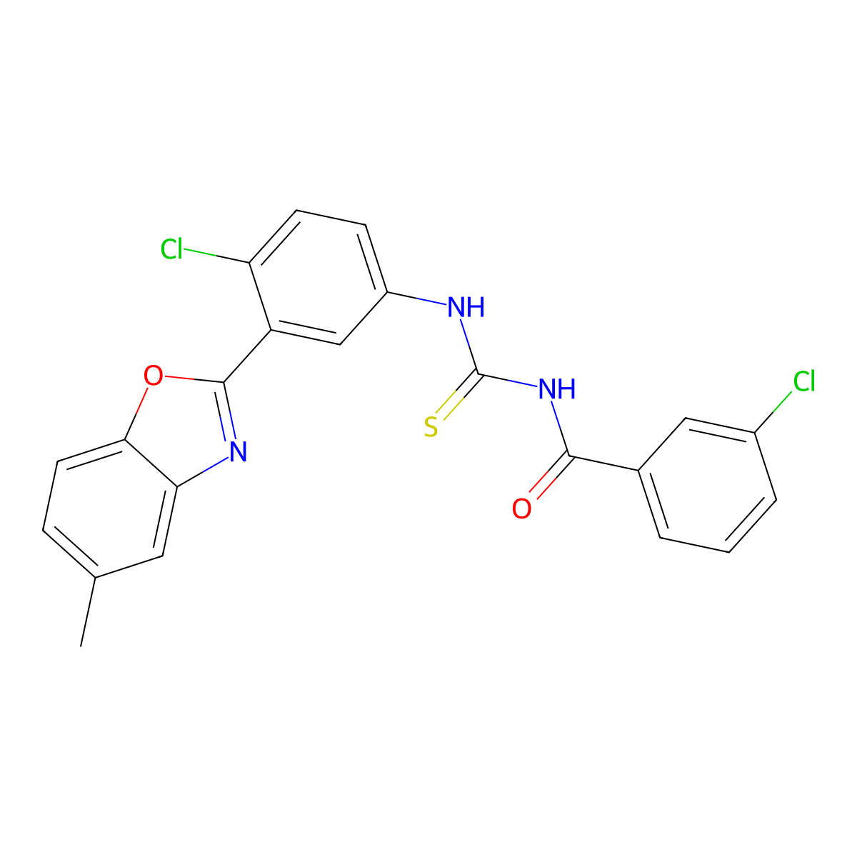 3-chloro-N-[[4-chloro-3-(5-methyl-1,3-benzoxazol-2-yl)phenyl]carbamothioyl]benzamide molecular structure, CAS 347333-39-5