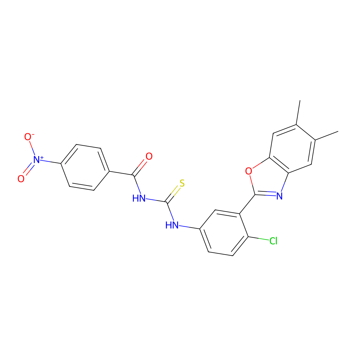 N-[[4-chloro-3-(5,6-dimethyl-1,3-benzoxazol-2-yl)phenyl]carbamothioyl]-4-nitrobenzamide molecular structure, CAS 347338-19-6