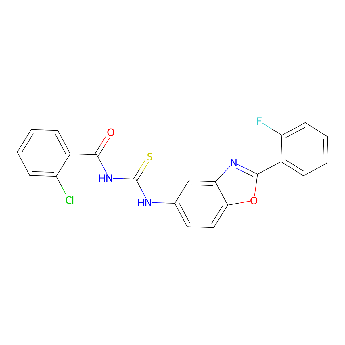 2-chloro-N-[[2-(2-fluorophenyl)-1,3-benzoxazol-5-yl]carbamothioyl]benzamide molecular structure, CAS 347338-50-5