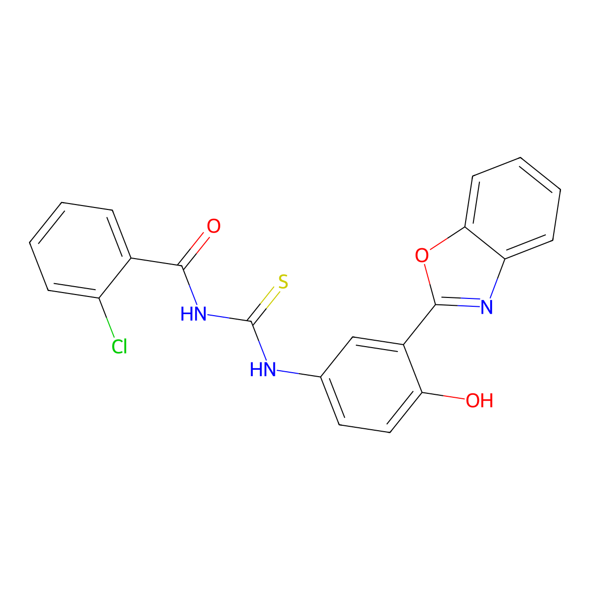 N-((3-(benzo[d]oxazol-2-yl)-4-hydroxyphenyl)carbamothioyl)-2-chlorobenzamide molecular structure, CAS 347338-62-9