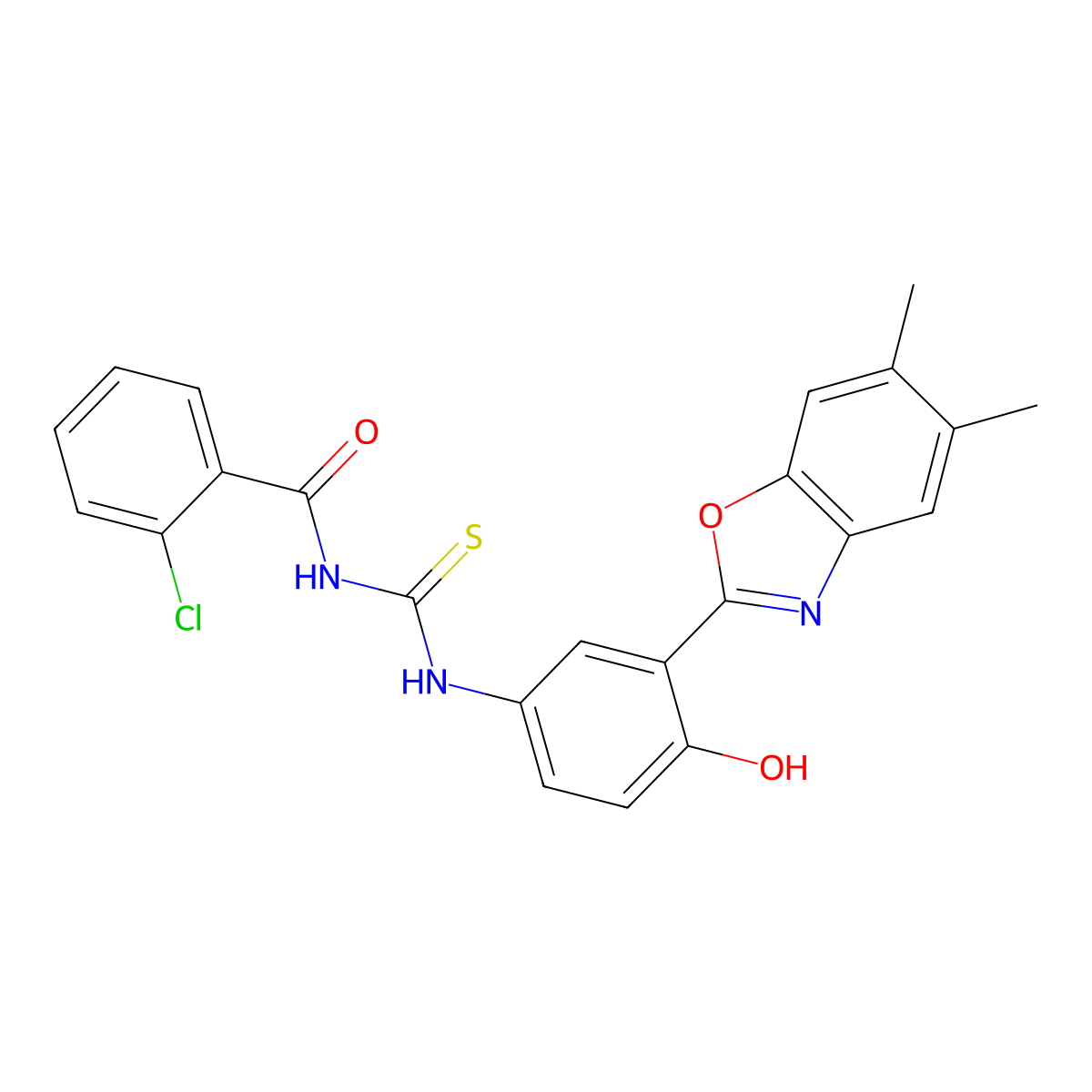 2-chloro-N-{[3-(5,6-dimethyl-1,3-benzoxazol-2-yl)-4-hydroxyphenyl]carbamothioyl}benzamide molecular structure, CAS 347338-63-0