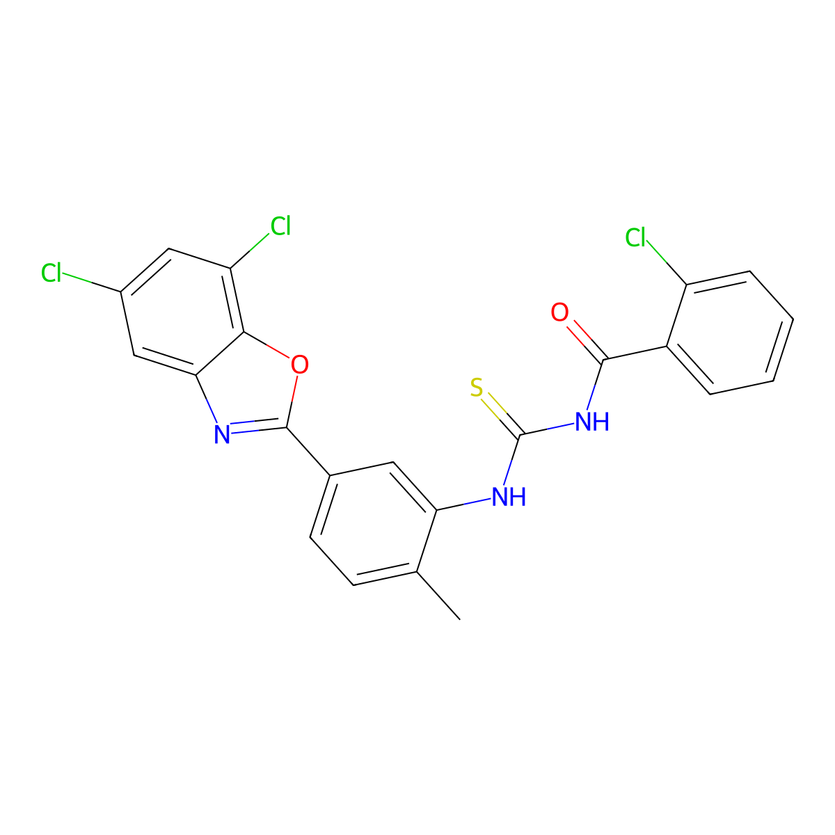 2-chloro-N-[[5-(5,7-dichloro-1,3-benzoxazol-2-yl)-2-methylphenyl]carbamothioyl]benzamide molecular structure, CAS 347338-65-2