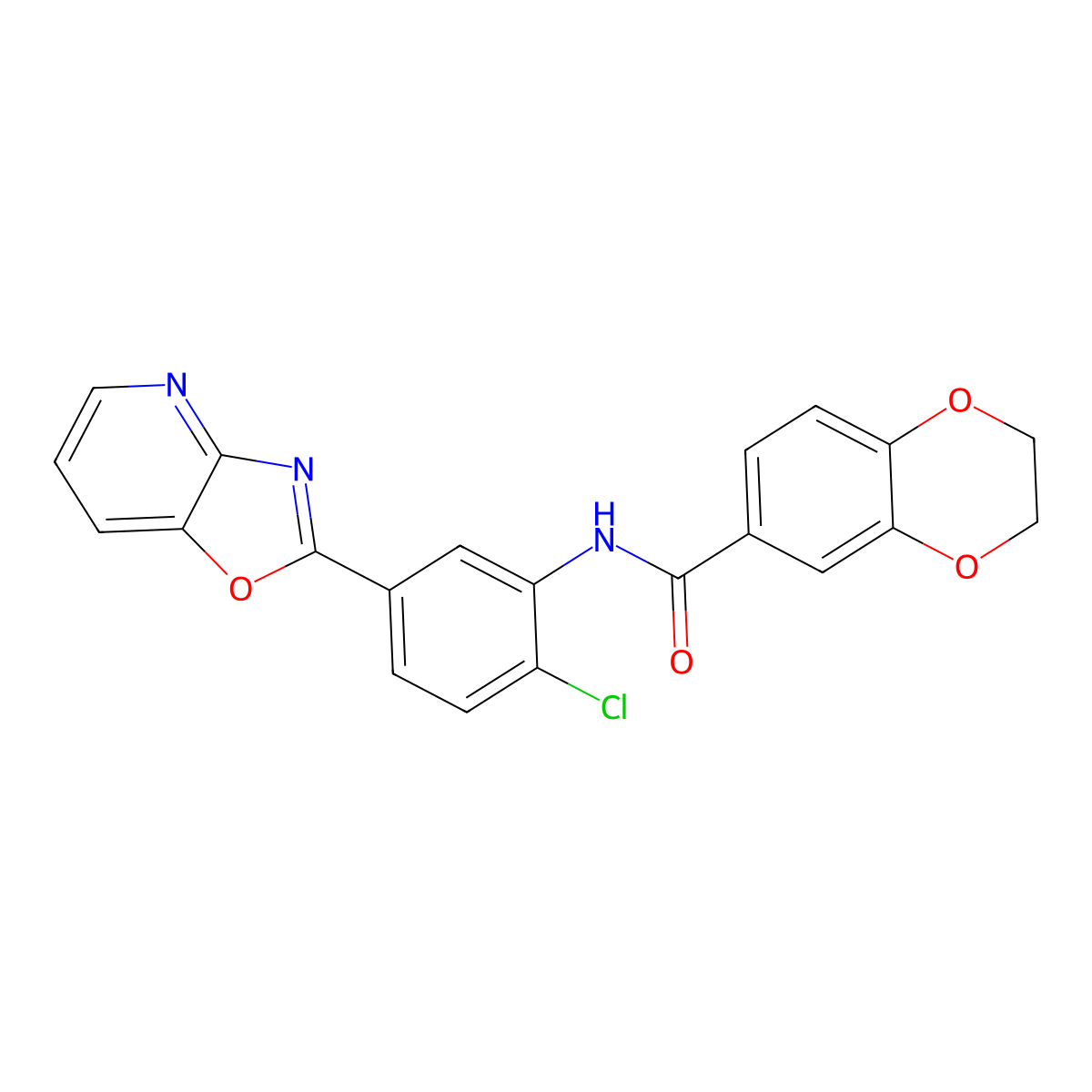 N-[2-chloro-5-([1,3]oxazolo[4,5-b]pyridin-2-yl)phenyl]-2,3-dihydro-1,4-benzodioxine-6-carboxamide molecular structure, CAS 347338-76-5