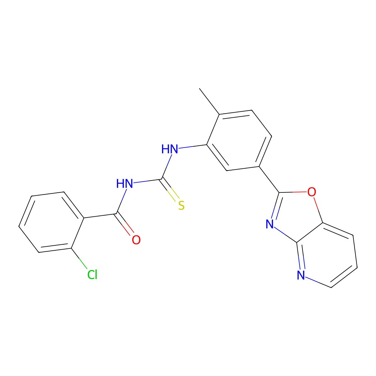 2-chloro-N-[[2-methyl-5-([1,3]oxazolo[4,5-b]pyridin-2-yl)phenyl]carbamothioyl]benzamide molecular structure, CAS 347339-74-6