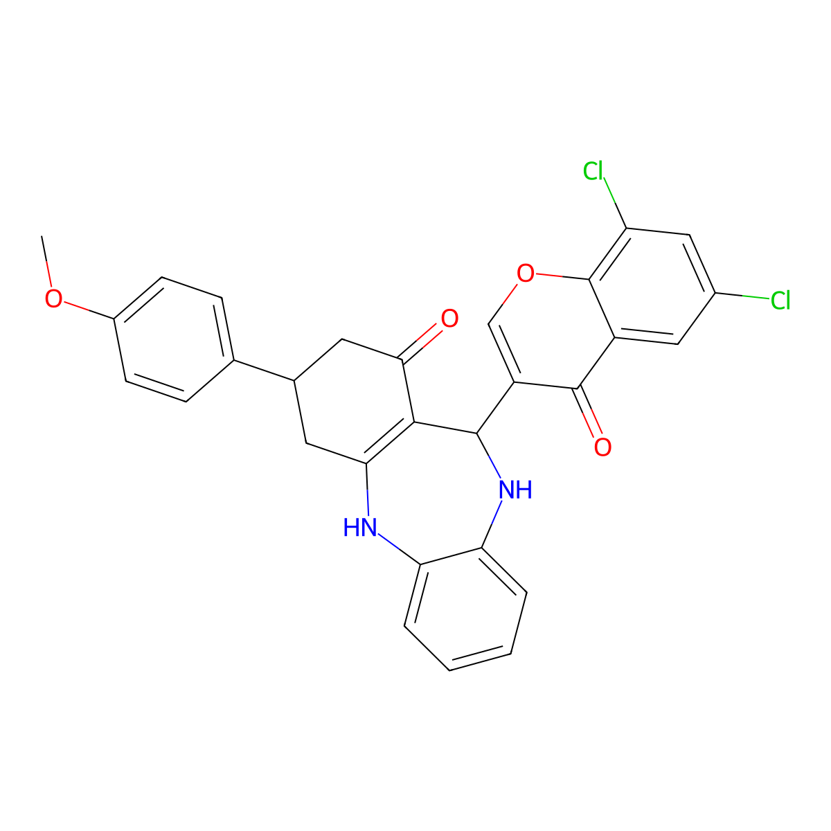 6-(6,8-Dichloro-4-oxochromen-3-yl)-9-(4-methoxyphenyl)-5,6,8,9,10,11-hexahydrobenzo[b][1,4]benzodiazepin-7-one molecular structure, CAS 347350-68-9