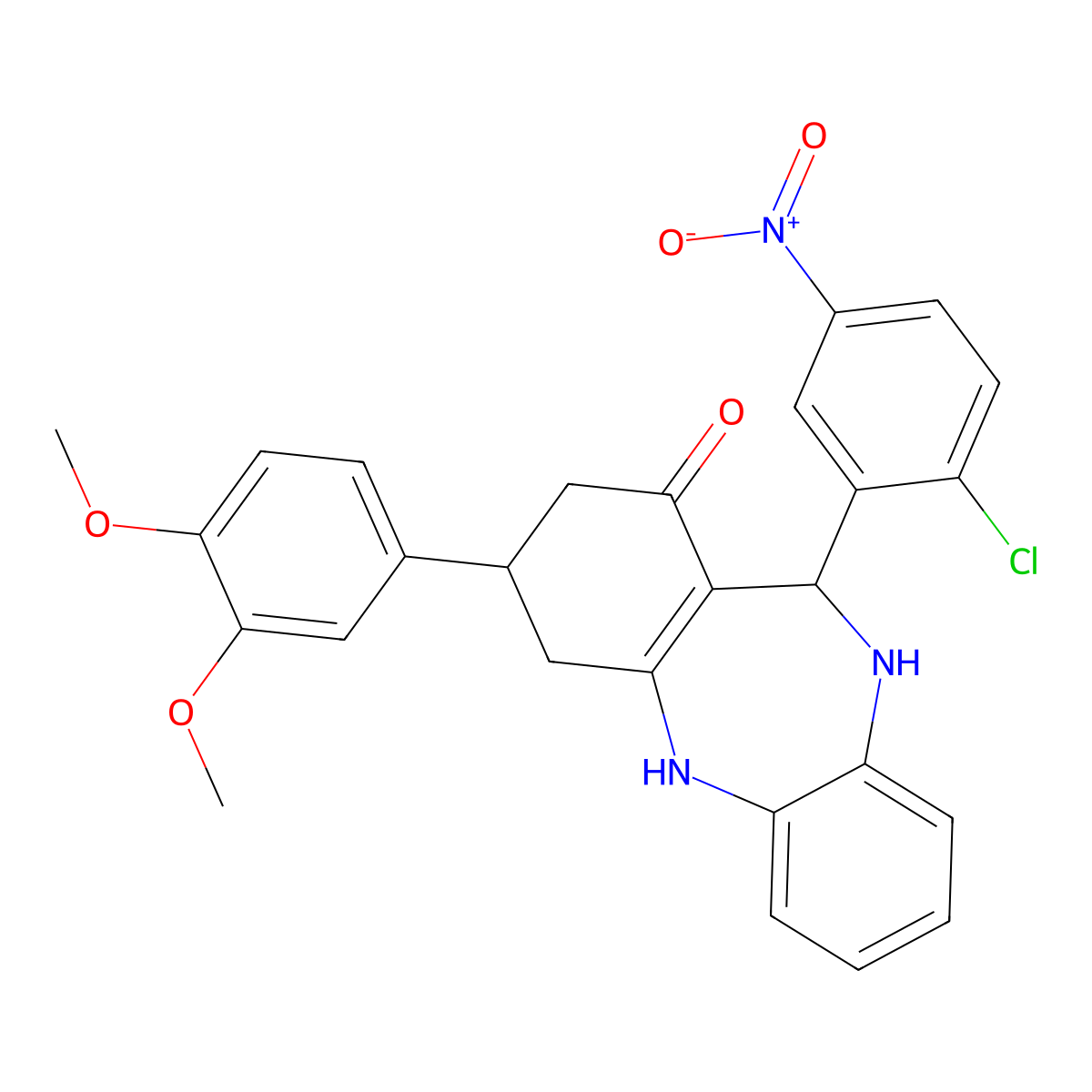 6-(2-Chloro-5-nitrophenyl)-9-(3,4-dimethoxyphenyl)-5,6,8,9,10,11-hexahydrobenzo[b][1,4]benzodiazepin-7-one molecular structure, CAS 347350-70-3