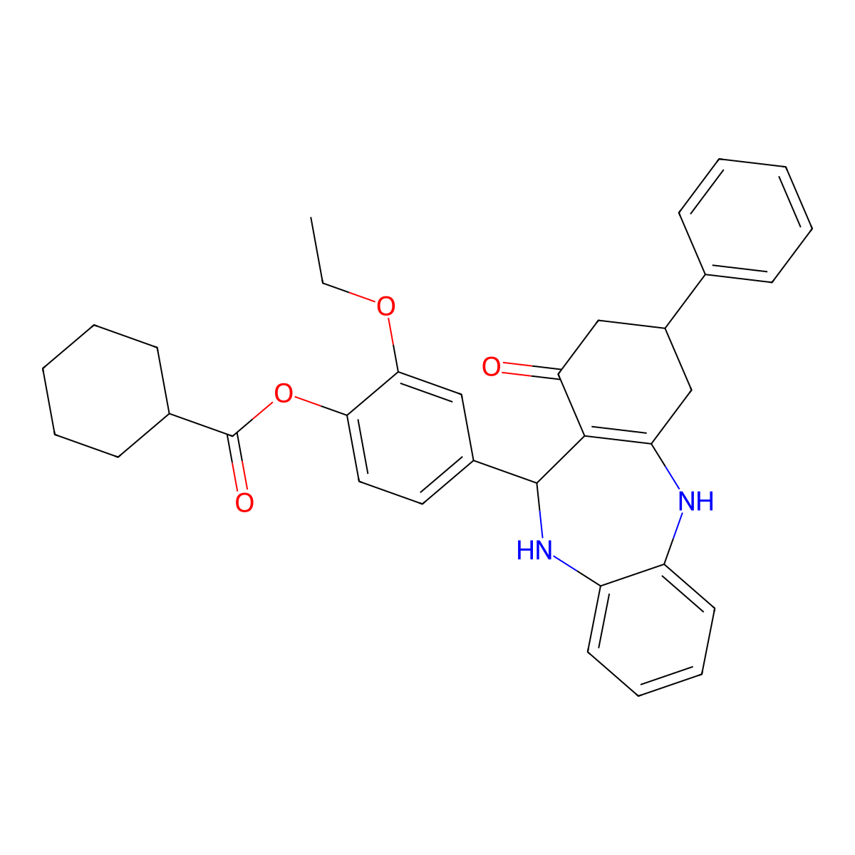 2-ethoxy-4-(1-oxo-3-phenyl-2,3,4,5,10,11-hexahydro-1H-dibenzo[b,e][1,4]diazepin-11-yl)phenyl cyclohexanecarboxylate molecular structure, CAS 347350-73-6