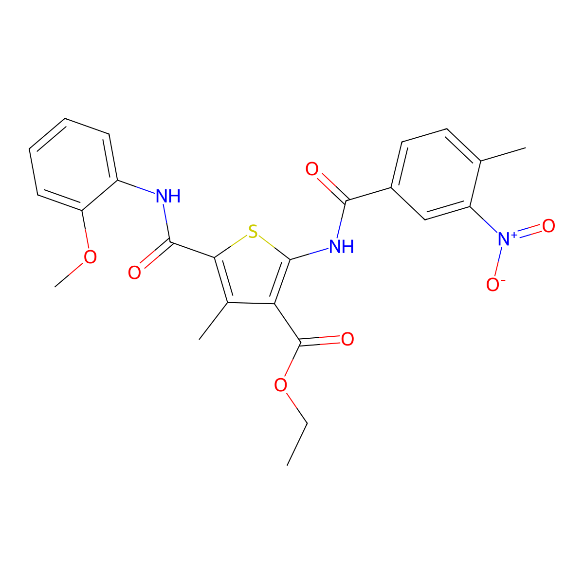 Ethyl 5-[(2-methoxyphenyl)carbamoyl]-4-methyl-2-(4-methyl-3-nitrobenzamido)thiophene-3-carboxylate molecular structure, CAS 347350-79-2