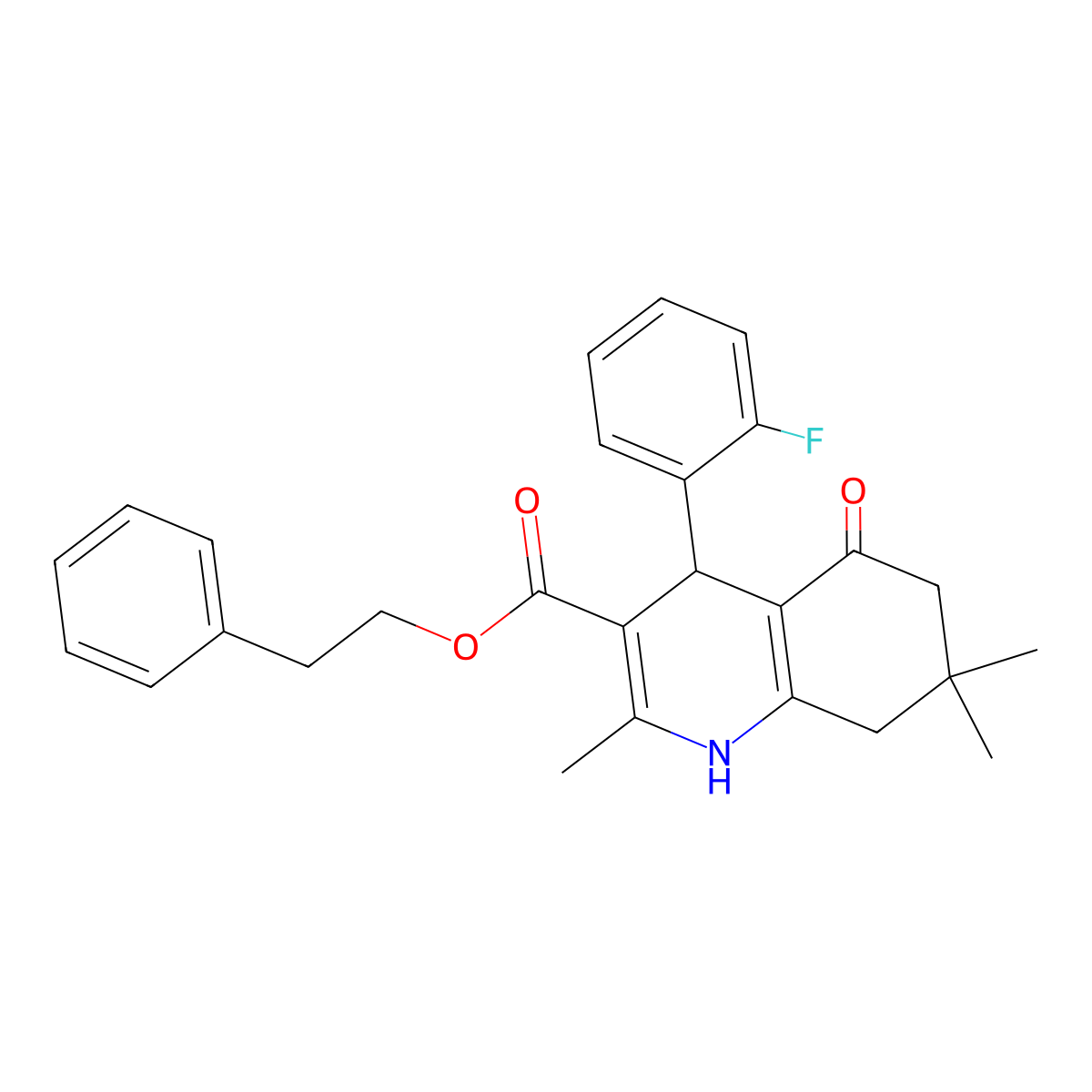 2-Phenylethyl 4-(2-fluorophenyl)-2,7,7-trimethyl-5-oxo-1,4,5,6,7,8-hexahydroquinoline-3-carboxylate molecular structure, CAS 347351-17-1