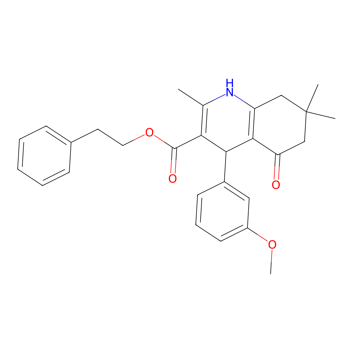 2-Phenylethyl 4-(3-methoxyphenyl)-2,7,7-trimethyl-5-oxo-1,4,5,6,7,8-hexahydroquinoline-3-carboxylate molecular structure, CAS 347351-24-0