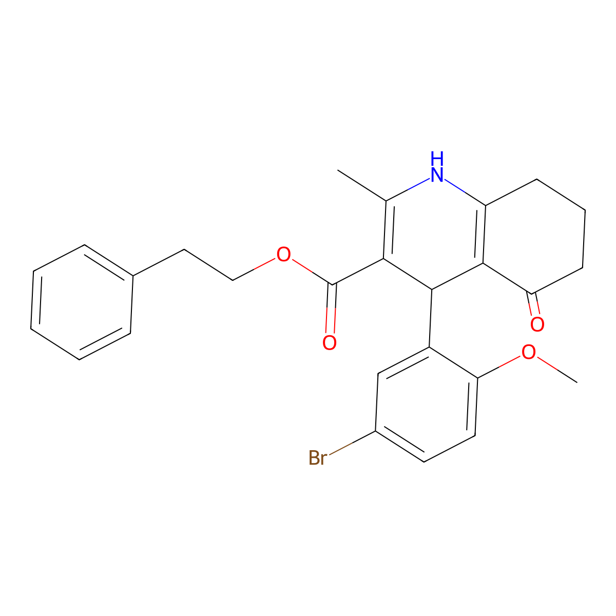 2-Phenylethyl 4-(5-bromo-2-methoxyphenyl)-2-methyl-5-oxo-1,4,5,6,7,8-hexahydroquinoline-3-carboxylate molecular structure, CAS 347351-28-4