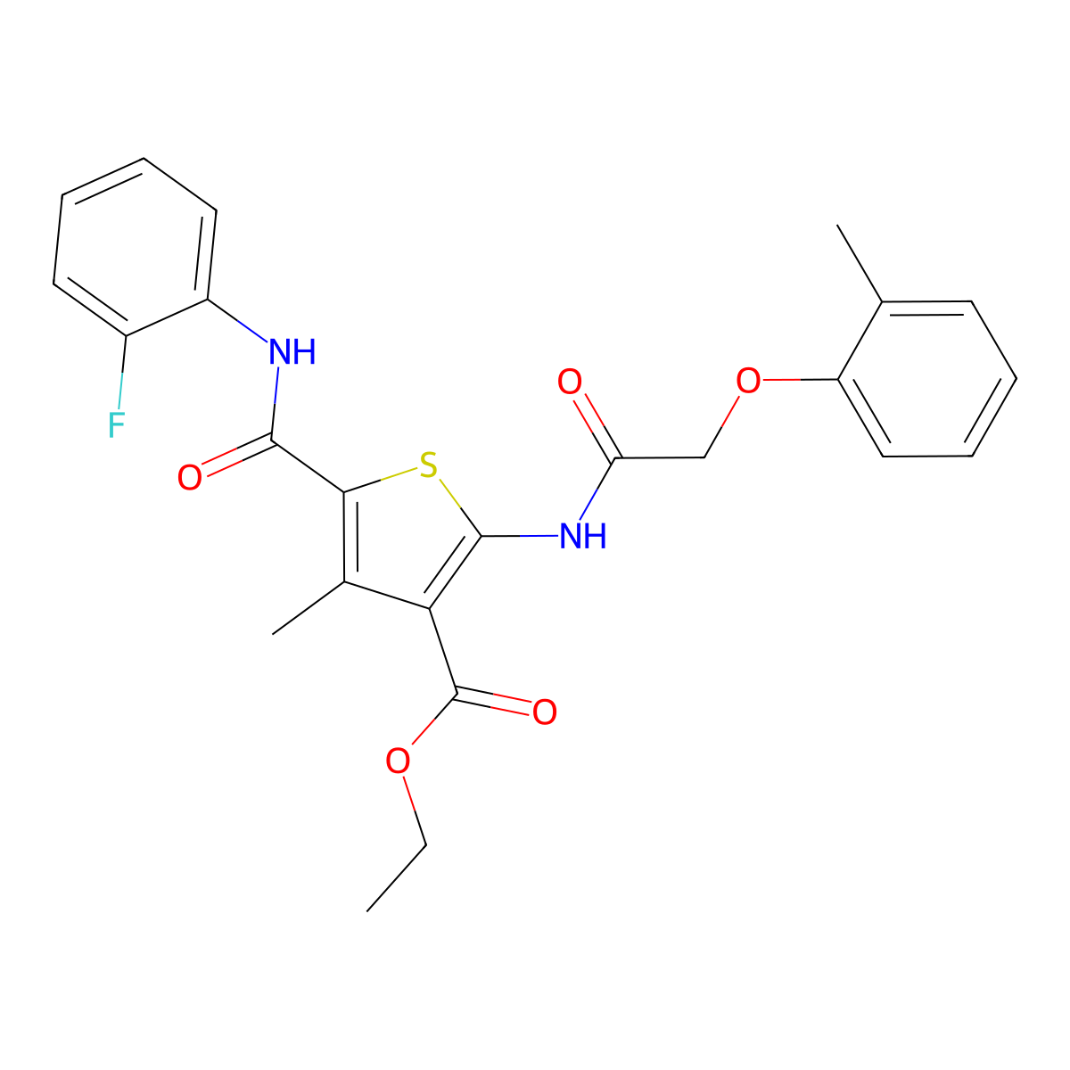 Ethyl 5-[(2-fluorophenyl)carbamoyl]-4-methyl-2-{[(2-methylphenoxy)acetyl]amino}thiophene-3-carboxylate molecular structure, CAS 347351-56-8