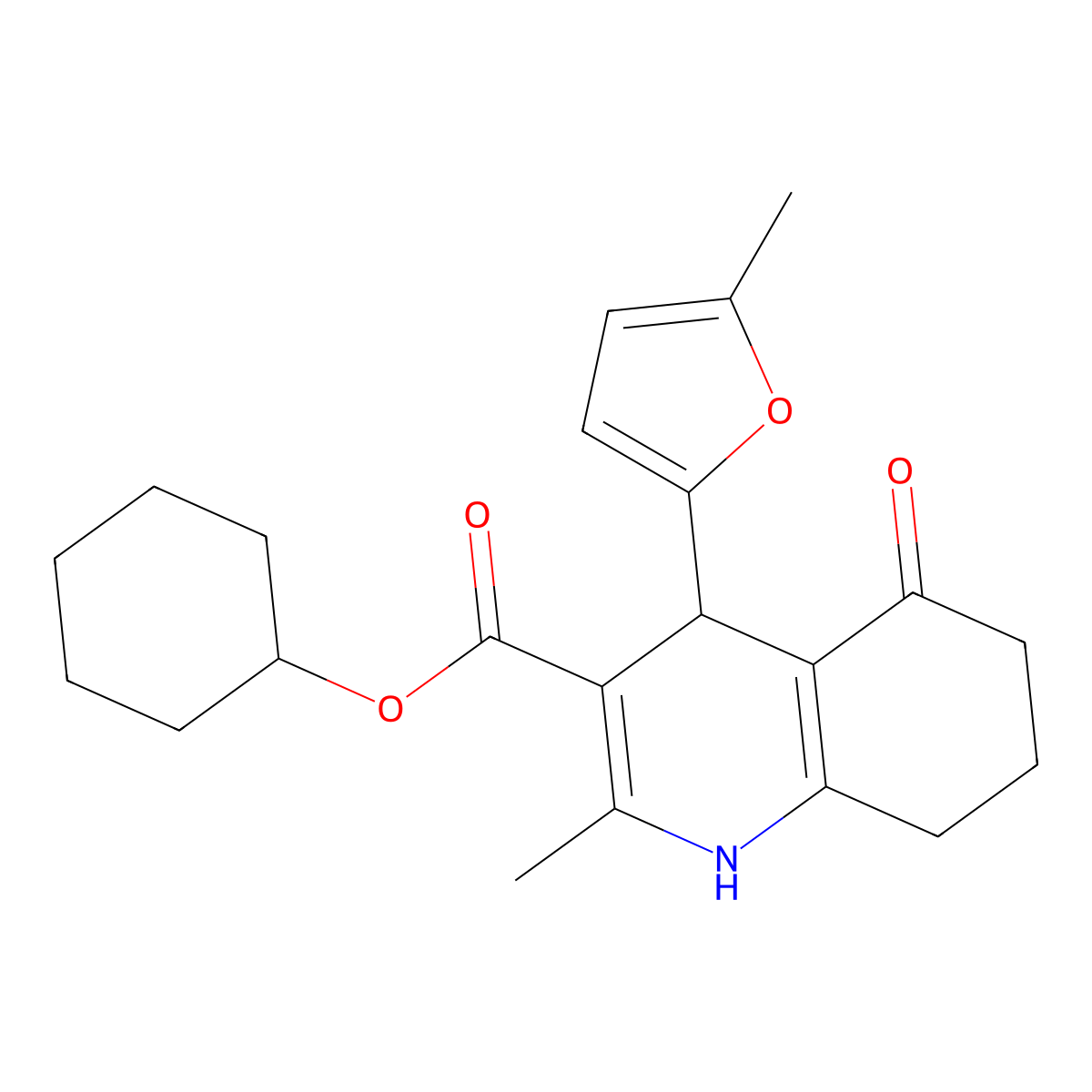 Cyclohexyl 2-methyl-4-(5-methylfuran-2-yl)-5-oxo-1,4,5,6,7,8-hexahydroquinoline-3-carboxylate molecular structure, CAS 347351-58-0