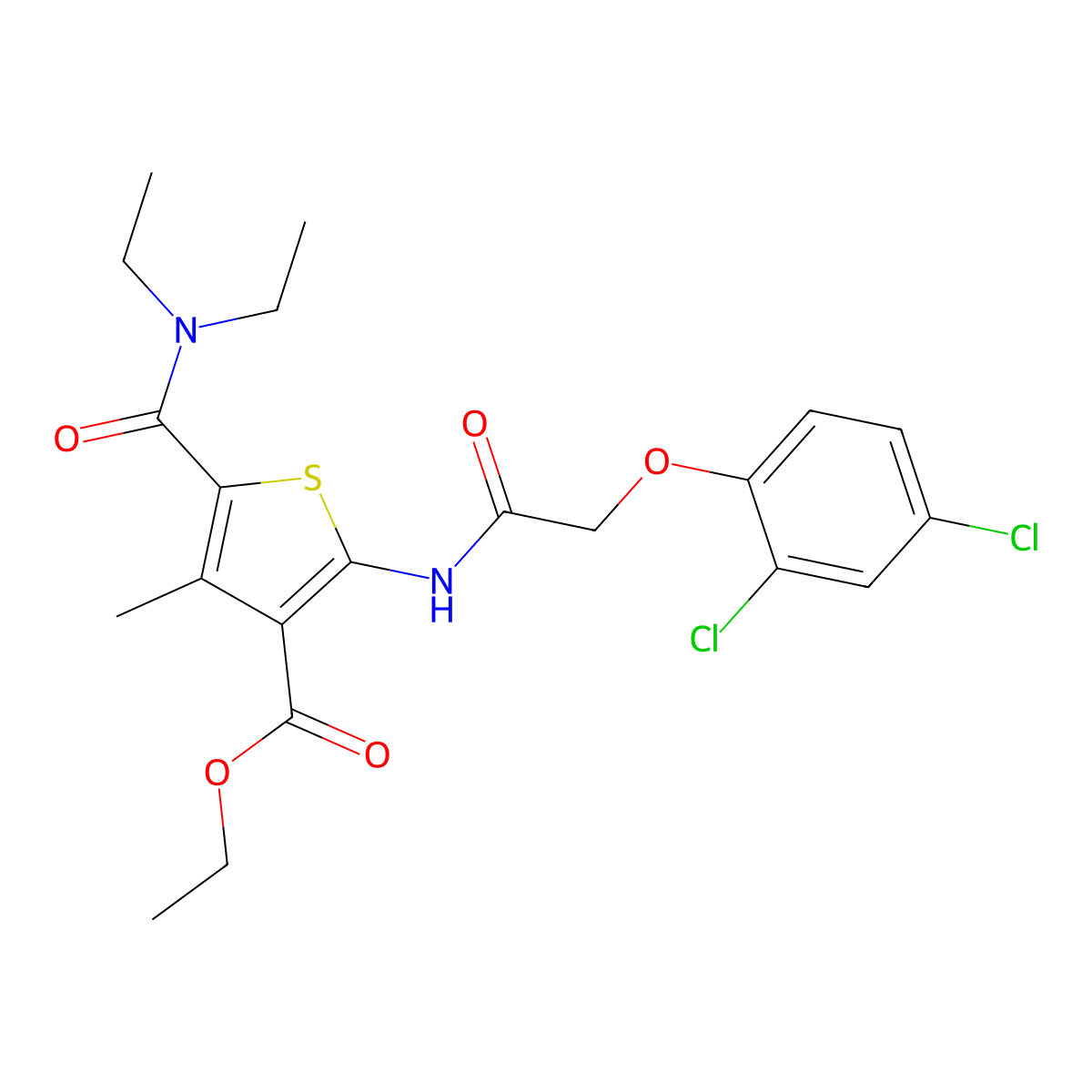 Ethyl 2-{[(2,4-dichlorophenoxy)acetyl]amino}-5-(diethylcarbamoyl)-4-methylthiophene-3-carboxylate molecular structure, CAS 347352-00-5
