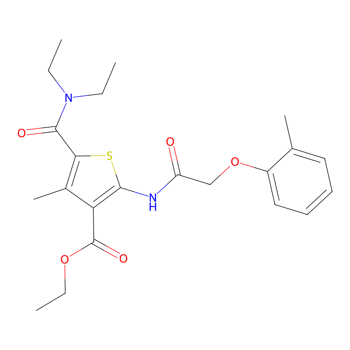 Ethyl 5-(diethylcarbamoyl)-4-methyl-2-[2-(2-methylphenoxy)acetamido]thiophene-3-carboxylate molecular structure, CAS 347352-28-7