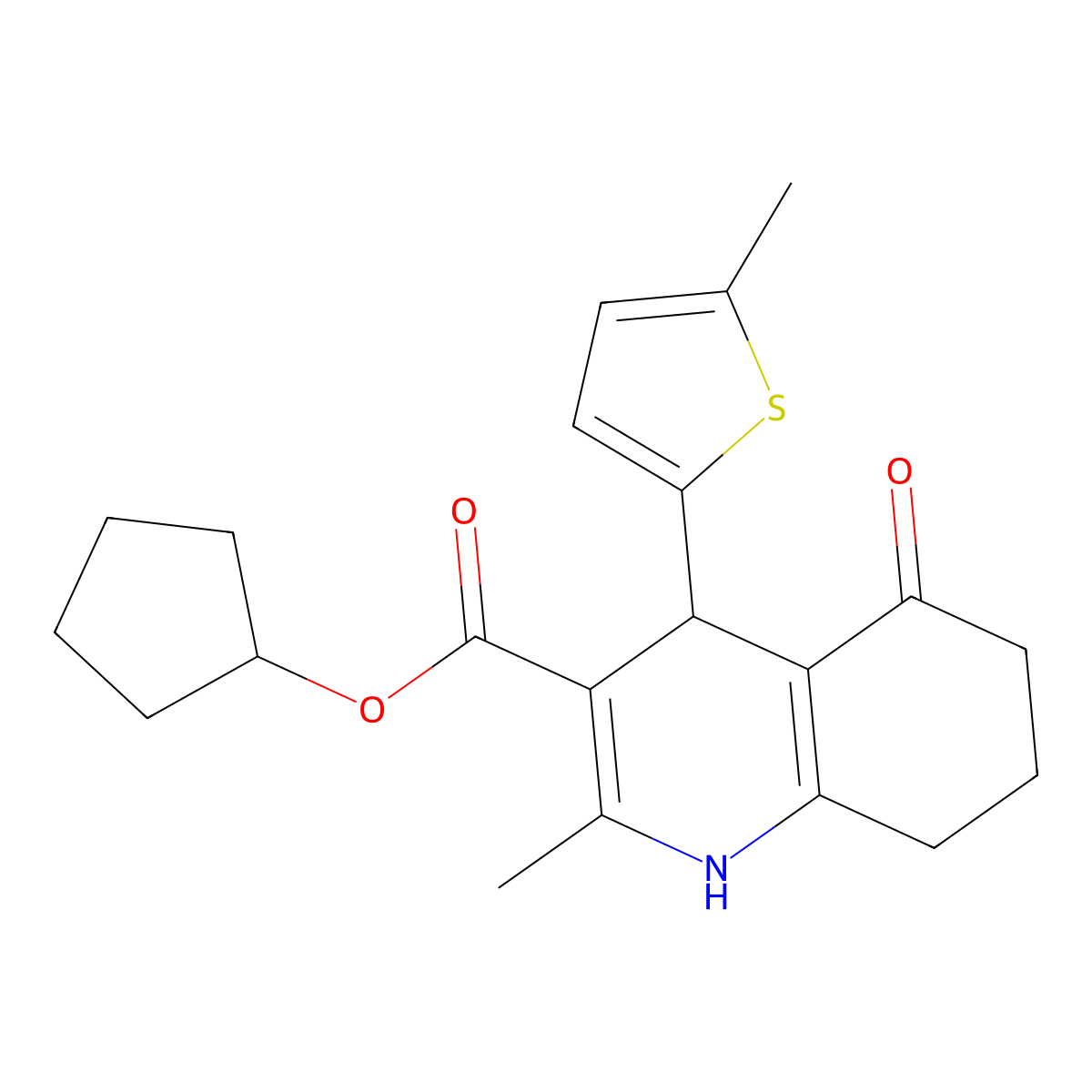 Cyclopentyl 2-methyl-4-(5-methylthiophen-2-yl)-5-oxo-1,4,5,6,7,8-hexahydroquinoline-3-carboxylate molecular structure, CAS 347352-29-8