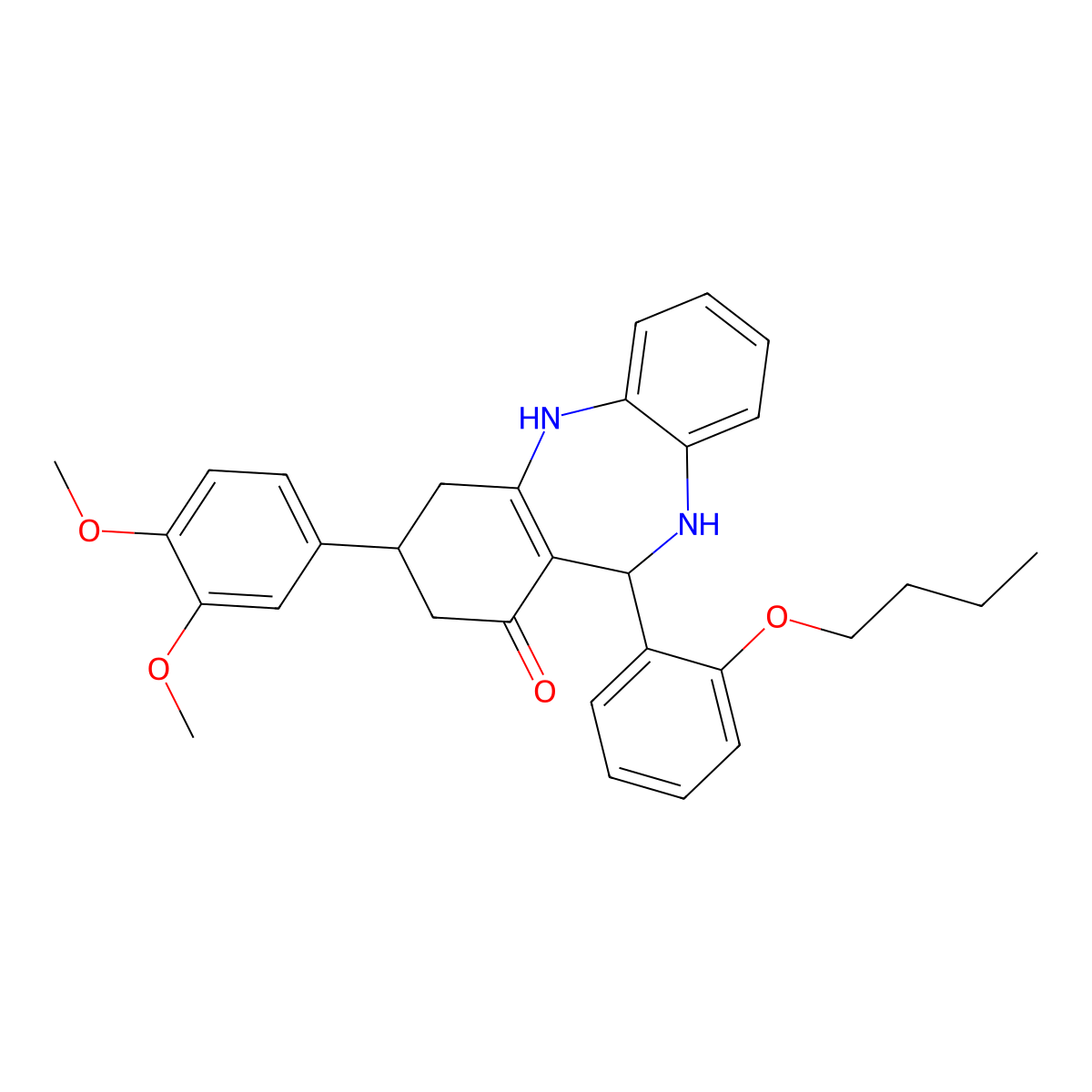 6-(2-Butoxyphenyl)-9-(3,4-dimethoxyphenyl)-5,6,8,9,10,11-hexahydrobenzo[b][1,4]benzodiazepin-7-one molecular structure, CAS 347352-67-4