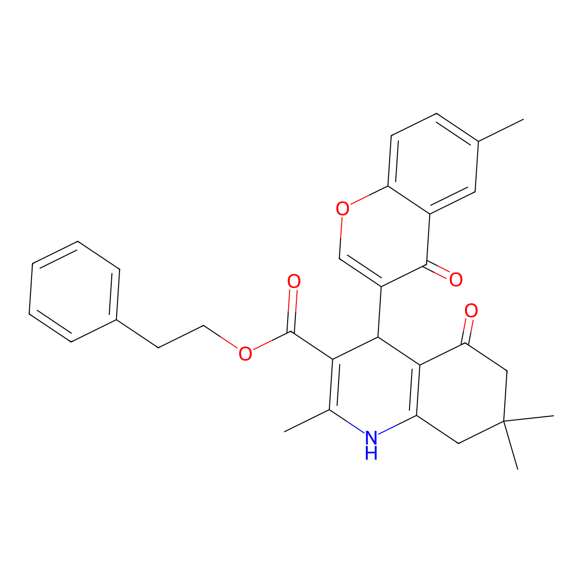 2-phenylethyl 2,7,7-trimethyl-4-(6-methyl-4-oxo-4H-chromen-3-yl)-5-oxo-1,4,5,6,7,8-hexahydroquinoline-3-carboxylate molecular structure, CAS 347352-69-6