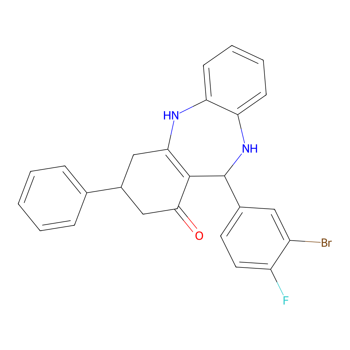 6-(3-Bromo-4-fluorophenyl)-9-phenyl-5,6,8,9,10,11-hexahydrobenzo[b][1,4]benzodiazepin-7-one molecular structure, CAS 347352-79-8