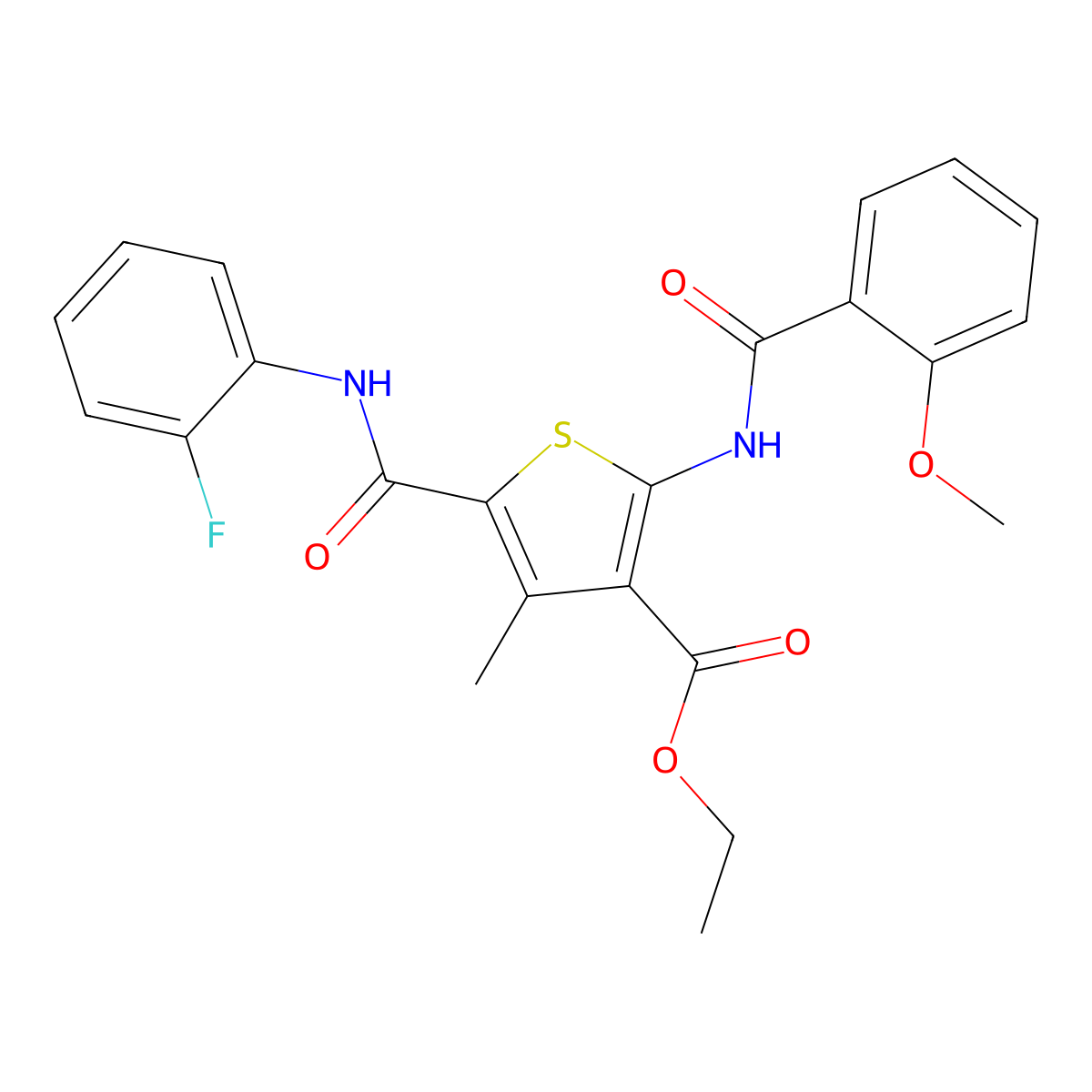 Ethyl 5-[(2-fluoroanilino)carbonyl]-2-[(2-methoxybenzoyl)amino]-4-methyl-3-thiophenecarboxylate molecular structure, CAS 347352-99-2