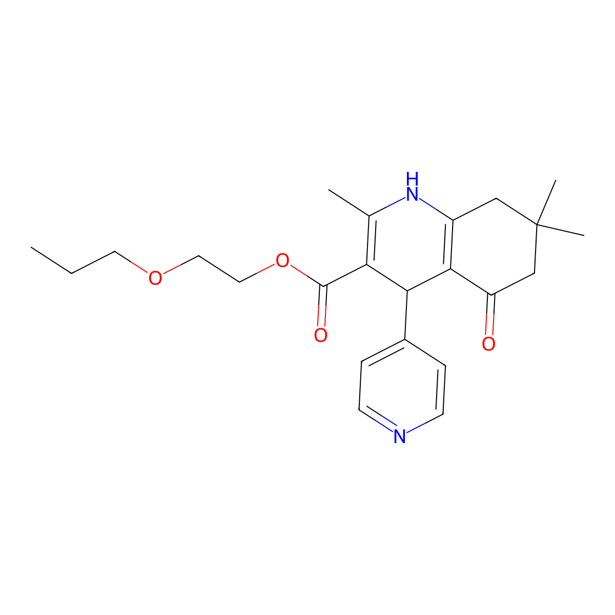 2-Propoxyethyl 2,7,7-trimethyl-5-oxo-4-(pyridin-4-yl)-1,4,5,6,7,8-hexahydroquinoline-3-carboxylate molecular structure, CAS 347353-08-6