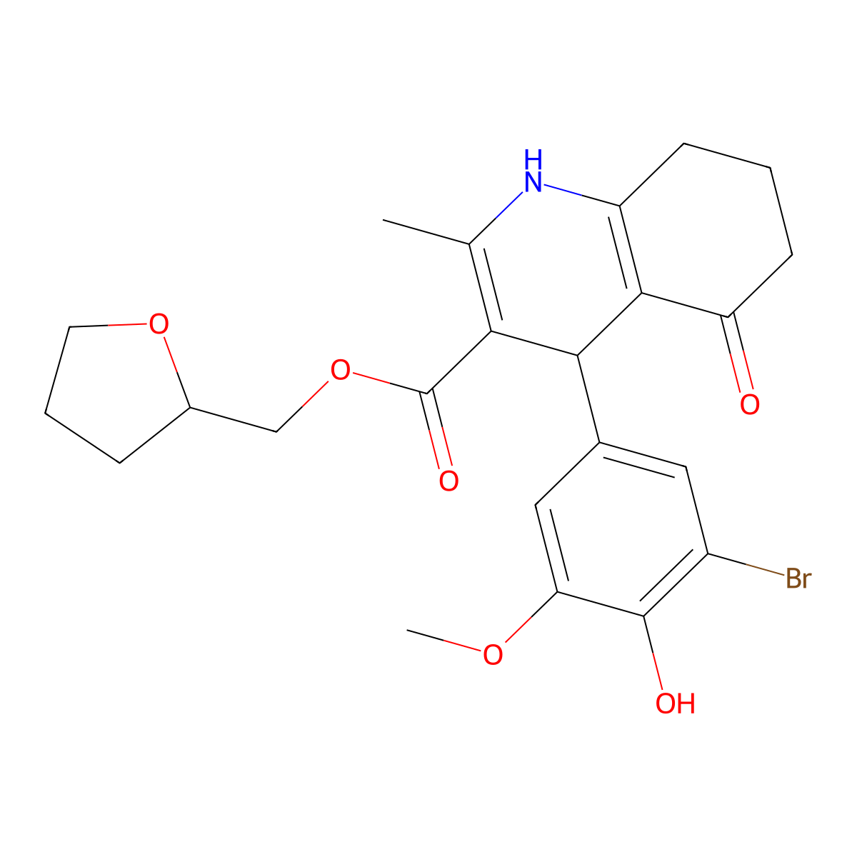 Tetrahydrofuran-2-ylmethyl 4-(3-bromo-4-hydroxy-5-methoxyphenyl)-2-methyl-5-oxo-1,4,5,6,7,8-hexahydroquinoline-3-carboxylate molecular structure, CAS 347353-10-0