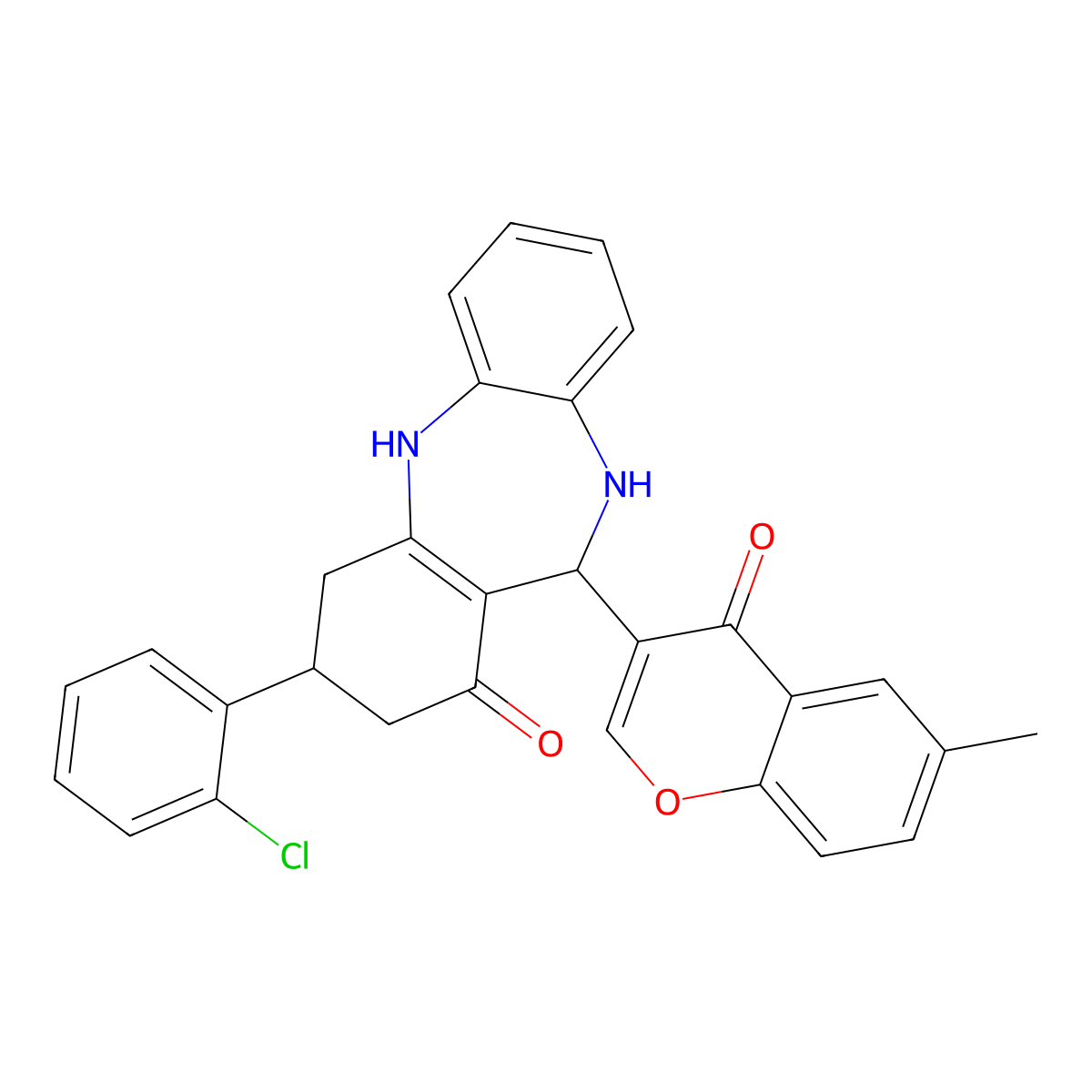 3-(2-chlorophenyl)-11-(6-methyl-4-oxo-4H-chromen-3-yl)-2,3,4,5,10,11-hexahydro-1H-dibenzo[b,e][1,4]diazepin-1-one molecular structure, CAS 347353-27-9