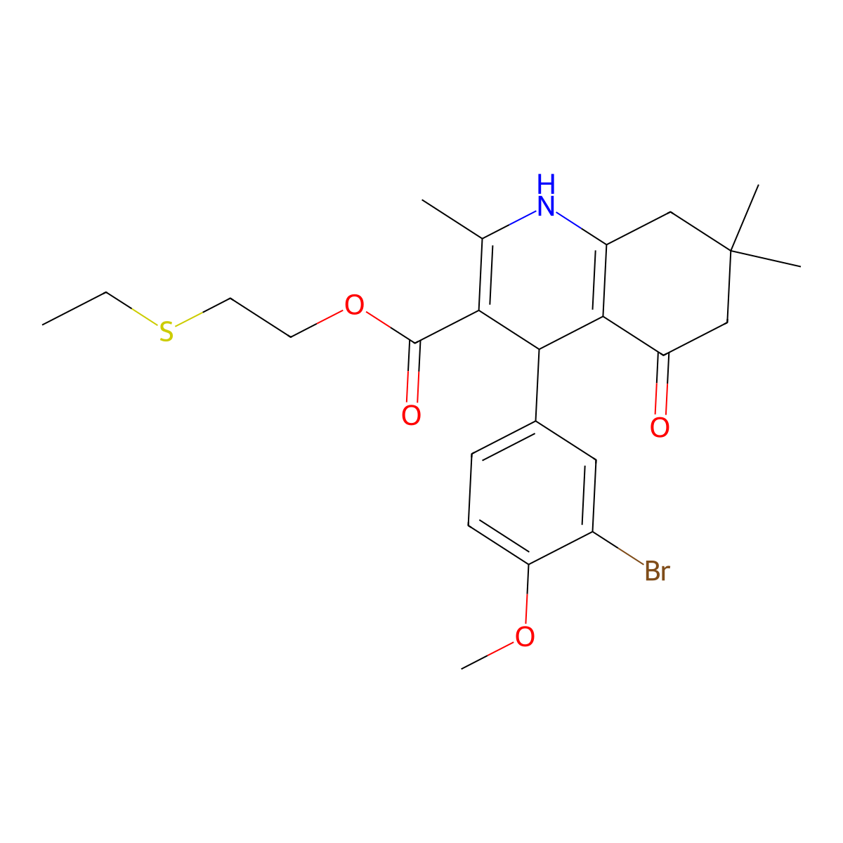 2-(Ethylsulfanyl)ethyl 4-(3-bromo-4-methoxyphenyl)-2,7,7-trimethyl-5-oxo-1,4,5,6,7,8-hexahydroquinoline-3-carboxylate molecular structure, CAS 347353-36-0