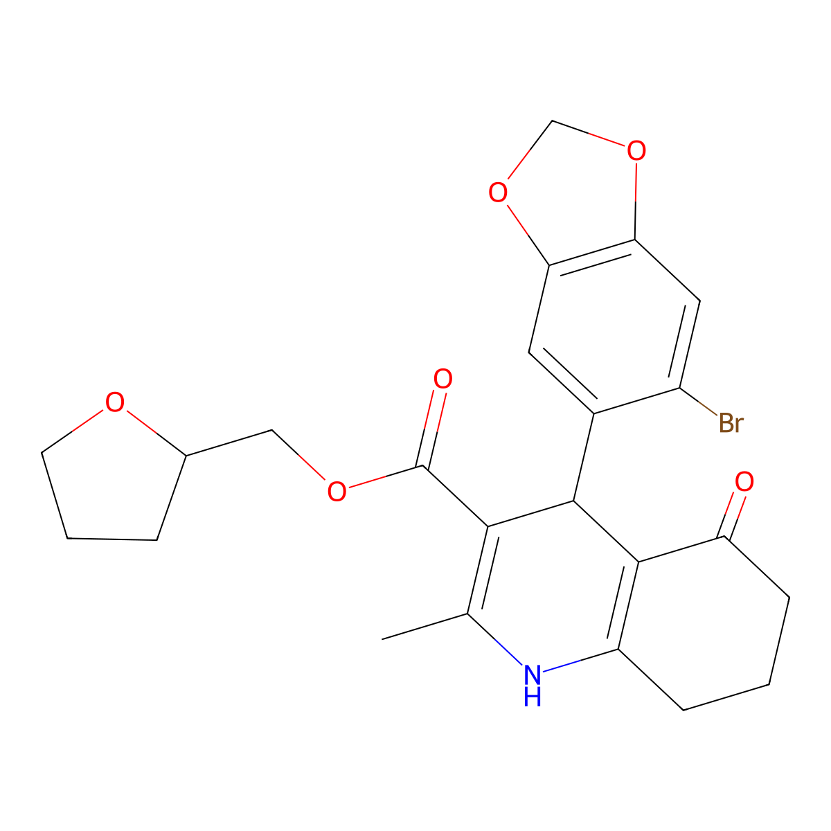 Tetrahydrofuran-2-ylmethyl 4-(6-bromo-1,3-benzodioxol-5-yl)-2-methyl-5-oxo-1,4,5,6,7,8-hexahydroquinoline-3-carboxylate molecular structure, CAS 347353-42-8