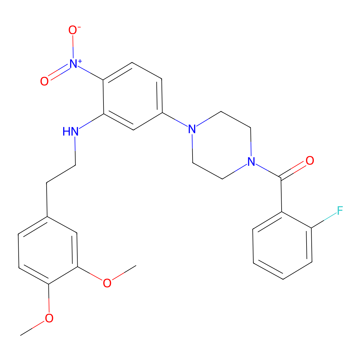 [4-[3-[2-(3,4-Dimethoxyphenyl)ethylamino]-4-nitrophenyl]piperazin-1-yl]-(2-fluorophenyl)methanone molecular structure, CAS 347354-01-2