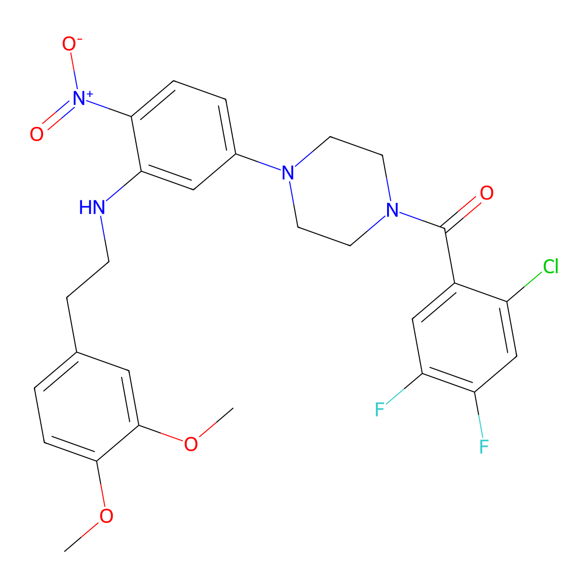 (2-Chloro-4,5-difluorophenyl)-[4-[3-[2-(3,4-dimethoxyphenyl)ethylamino]-4-nitrophenyl]piperazin-1-yl]methanone molecular structure, CAS 347355-39-9
